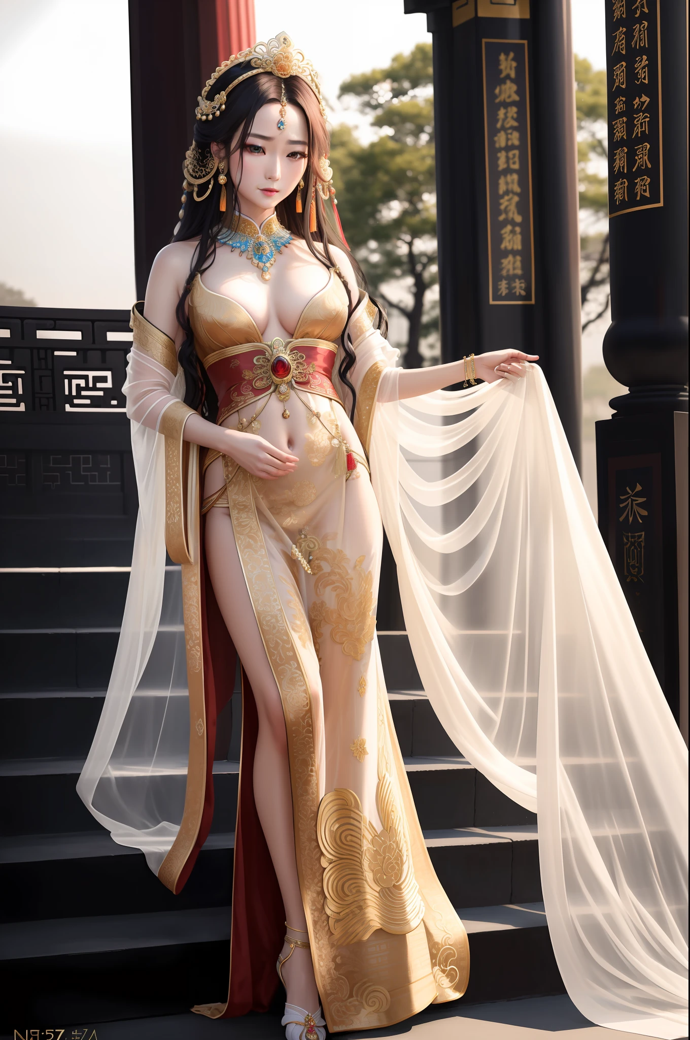 award winning ((midlength)) glamour photograph, front lit,
stunning beauty yang guifei, perfect face, delicate and graceful appearance, slender build, serene expression. flowing hair wearing elaborate headdresses, jewelry, wearing flowing ornate sheer , ((small breastanding on steps of forbidden palace
RAW, analog, Niko85mm, detailed facial features, high detail, sharp focus, smooth, aesthetic, extremely detailed, photo_\(ultra\), photorealistic, realistic, post-processing, max detail, roughness, real life, ultra realistic, photorealism, photography, 8k uhd, photography, (perfect hands), no text