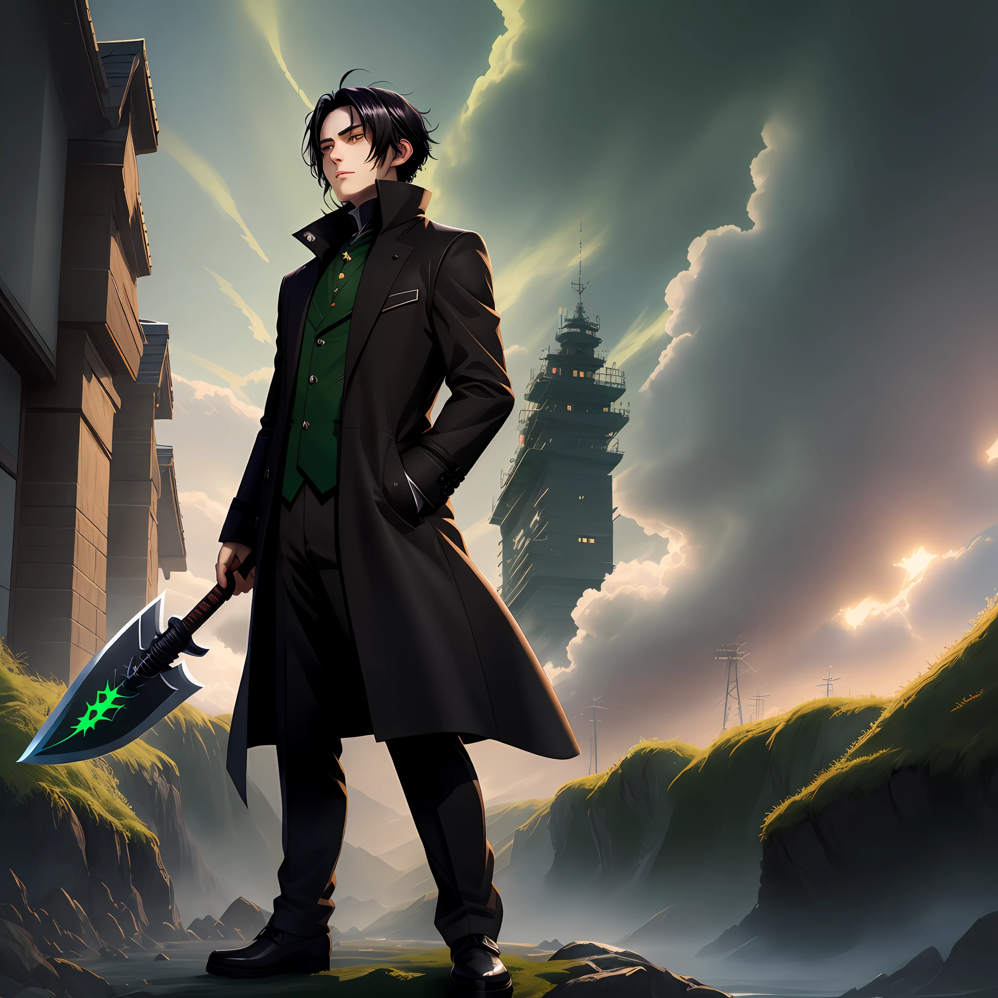 Anime character, straight black hair back, with black overcoat, dark green details on clothing, holding an axe with green energy, with a mysterious aura around it