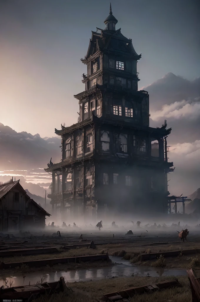 A post-apocalyptic scenery, (mysterious black fog), abandoned farm, (dilapidated),   bulb, absurdity, realistic lighting, (abyss) masterpiece, high quality, beautiful graphics, high detail, miaobishenghua  , dark soils, wind, stone fragment, beautiful detailed blood, night, moonlight, beautiful detailed farm, [(black background:1.5)::5], bloodied farm, painted as a game concept art,  library of ruina concept art,  matte painting concept art, environment painting, ruins, traditional dark forest concept art, concept art ， highly rendered, scenery game concept art, post-apocalyptic, destroyed buildings, blood stains, bloody floor, livestock farm, village, barn, beautiful butterfly, cows running, pig eating corpses