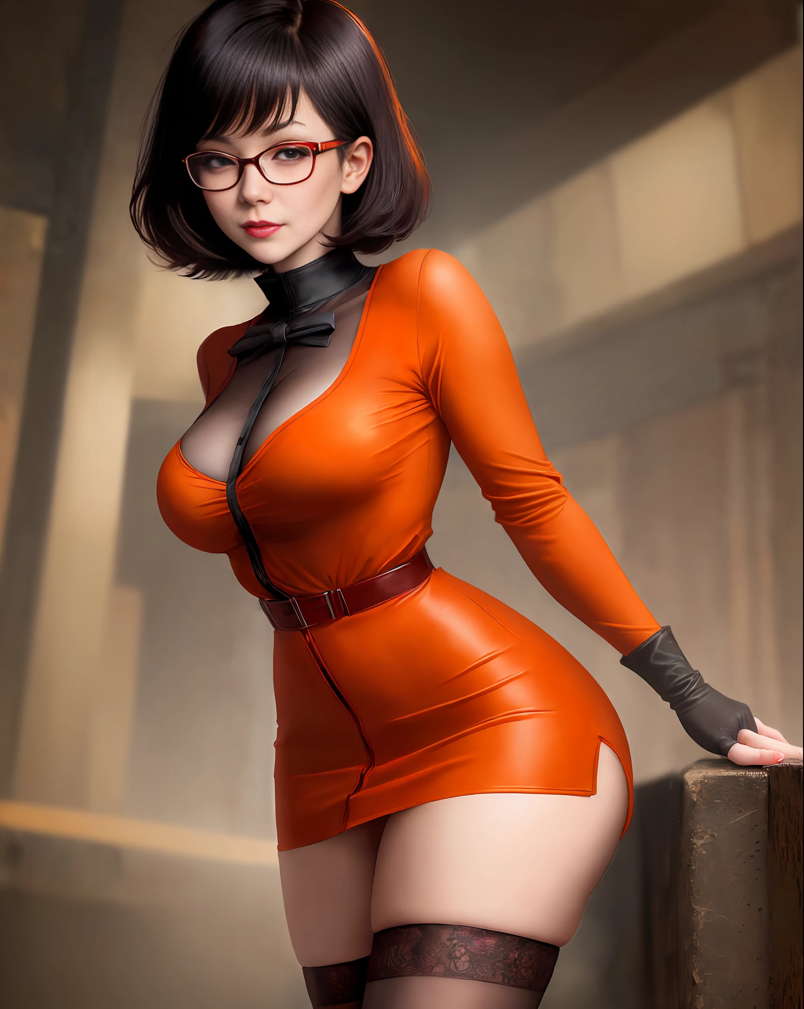 Perverted face girl, Velma from Scooby Doo anime, western facial features, short black hair, short orange blouse (crepe) color, very sensual, very sensual red high school mini skirt, posing for photo, large breasts, submissive look, perverted smile, glasses, short black glove, graveyard, fog, dark, 3 am, cloudy night, climate of terror, dawn, crosses, suspense, (masterpiece, blurred background, natural lighting, depth of field, ultra detailed and realistic photography, 100mm lens), portrait style