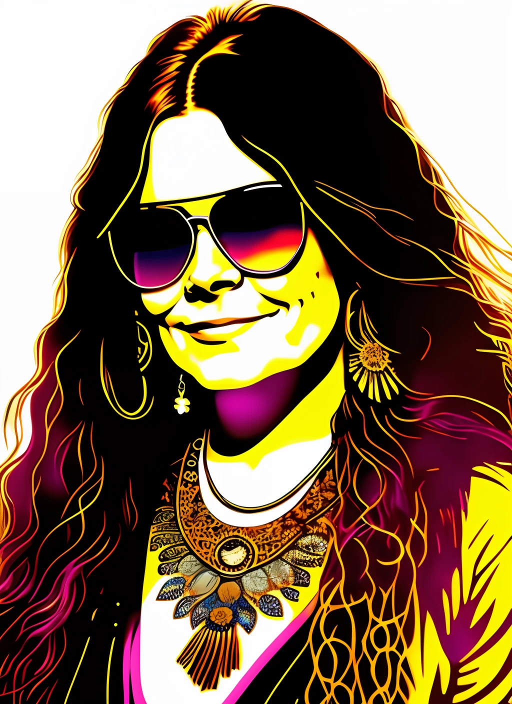 a closeup of a woman (( Janis JOplin )) with sunglasses and a necklace, vector art inspired by Grethe Jürgens, winner of the pixabay contest, pop art, in digital illustration style, hippie girl, hippie, 1 9 7 0 s living woman, vector art style, hippie, 1 9 8 0 s flower power hippie, hot summer hippie