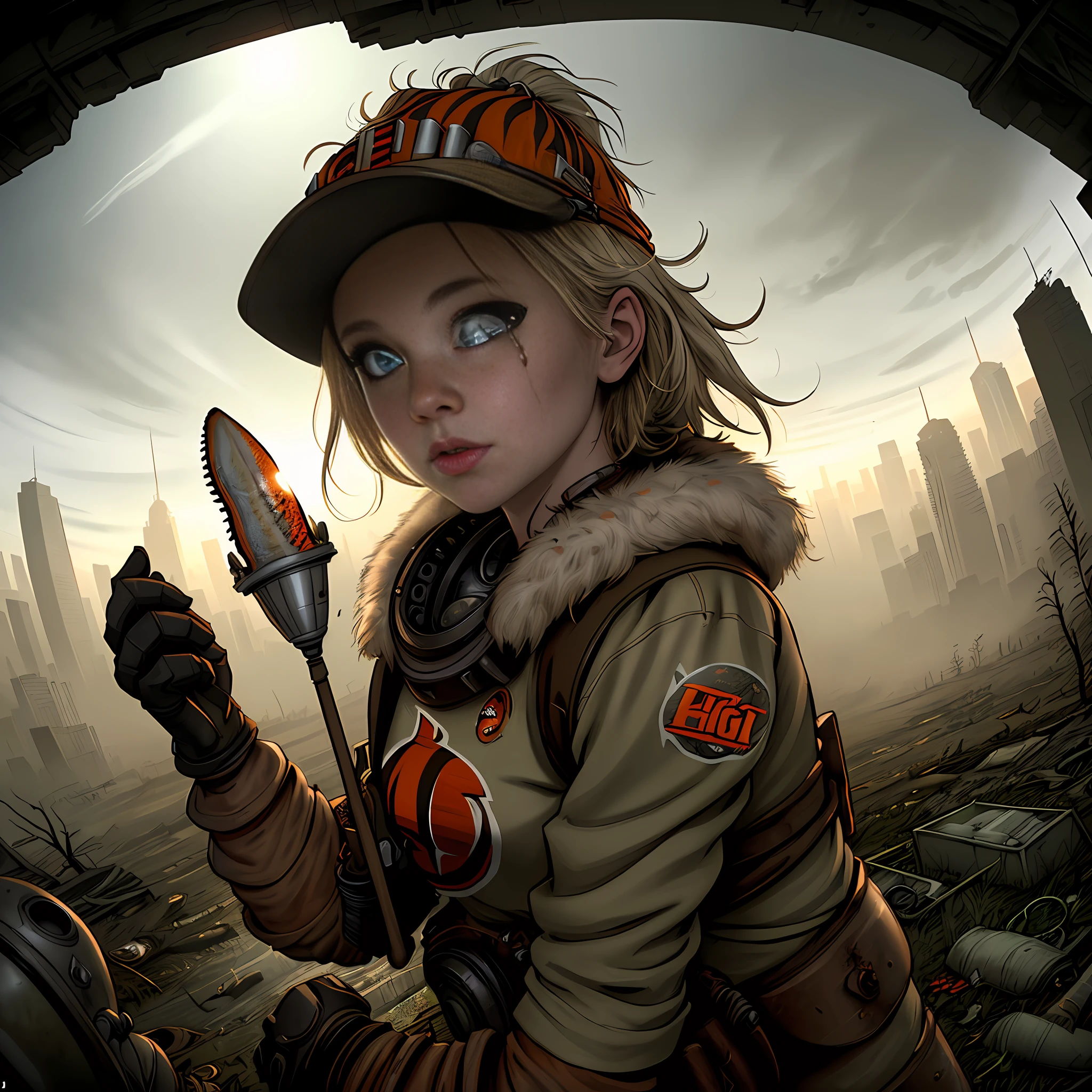 (Masterpiece): 0.8, female Cincinnati bengals fan foraging for food to survive. ((Post apocalyptic wasteland)), (fog lighting), (fisheye lens), ((looking at viewer)), (beautiful eyes), ((bleak))