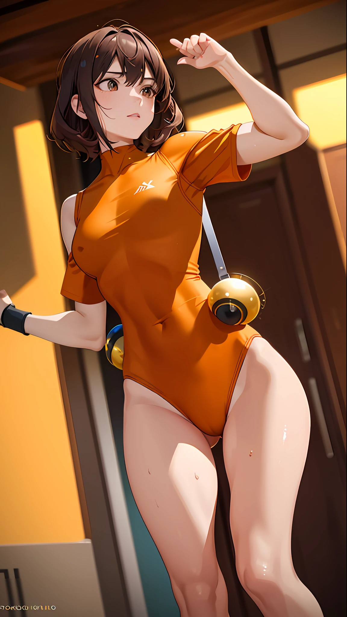 1girl, solo, anime girl in orange blouse, doing bodybuilding, physical education, brown hair, brown eyes, masterpiece, best quality, realistic, hyper-detailed, shiny skin, sweaty, slender, small breasts, , sfw, ecchi, sensual, shoulders showing, dynamic lighting, high resolution, sharp focus, depth of field