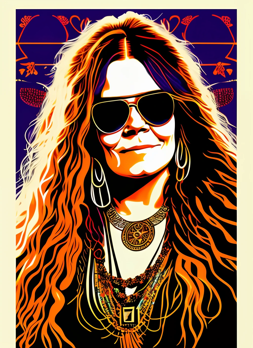 a closeup of a woman (( Janis JOplin )) with sunglasses and a necklace, vector art inspired by Grethe Jürgens, winner of the pixabay contest, pop art, in digital illustration style, hippie girl, hippie, 1 9 7 0 s living woman, vector art style, hippie, 1 9 8 0 s flower power hippie, hot summer hippie