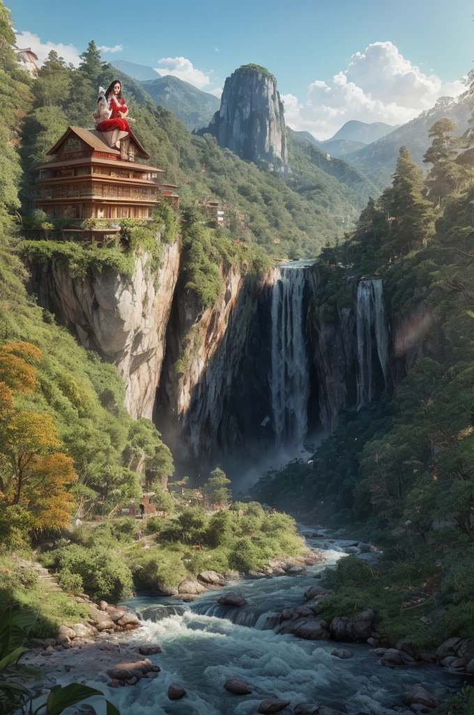 Generate an image of a beautiful girl sitting on a crumbling wall, surrounded by tall pine trees and a river flowing nearby, with misty mountains and lush greenery in the background. The fairy is wearing a red traditional Venezuela dress and smiling at the camera, her face illuminated by the morning sunlight filtering through the trees.
(Venezuela-style architecture),(Venezuela architecture),(raw photo:1.2), (photorealistic:1.4), absurdres, incredibly absurdres, huge filesize , ultra-detailed, highres, extremely detailed,best quality ,masterpiece, illustration, an extremely delicate and beautiful, extremely detailed ,CG ,unity ,8k wallpaper, Amazing, finely detail, masterpiece,best quality, pureerosface_v1,ulzzang-6500-v1.1,