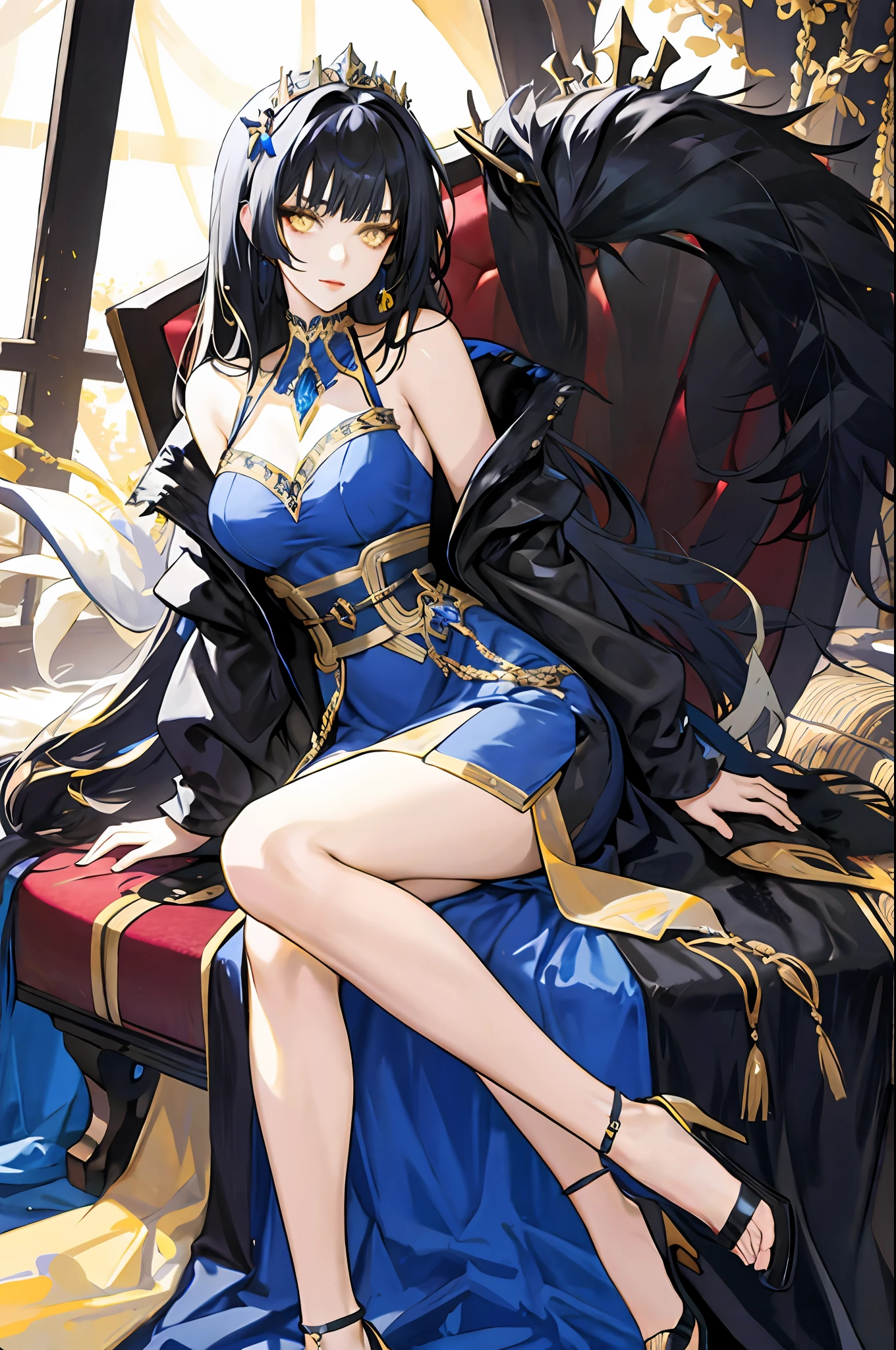 Woman with straight and fringed black hair, yellow eyes, royalty, beautiful woman, adult woman, sexy woman, blue dress