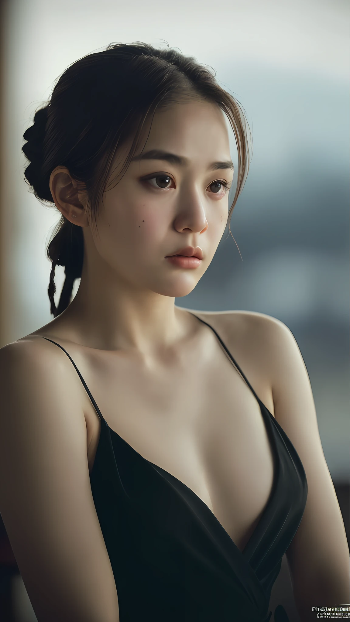 8k, top quality, masterpiece:1.2), (realistic, photo-realistic:1.37), top quality, masterpiece, beautiful young woman, pensive facial expression, thoughtful look, elegantly dressed, hair tied back, messy mood, cinematic backdrop, tired, light skin tone