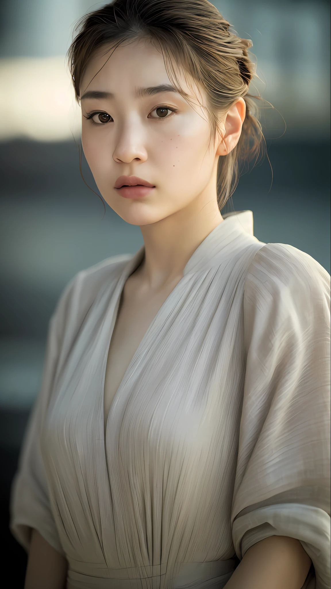 8k, top quality, masterpiece:1.2), (realistic, photo-realistic:1.37), top quality, masterpiece, beautiful young woman, pensive facial expression, thoughtful look, elegantly dressed, hair tied back, messy mood, cinematic backdrop, tired, light skin tone