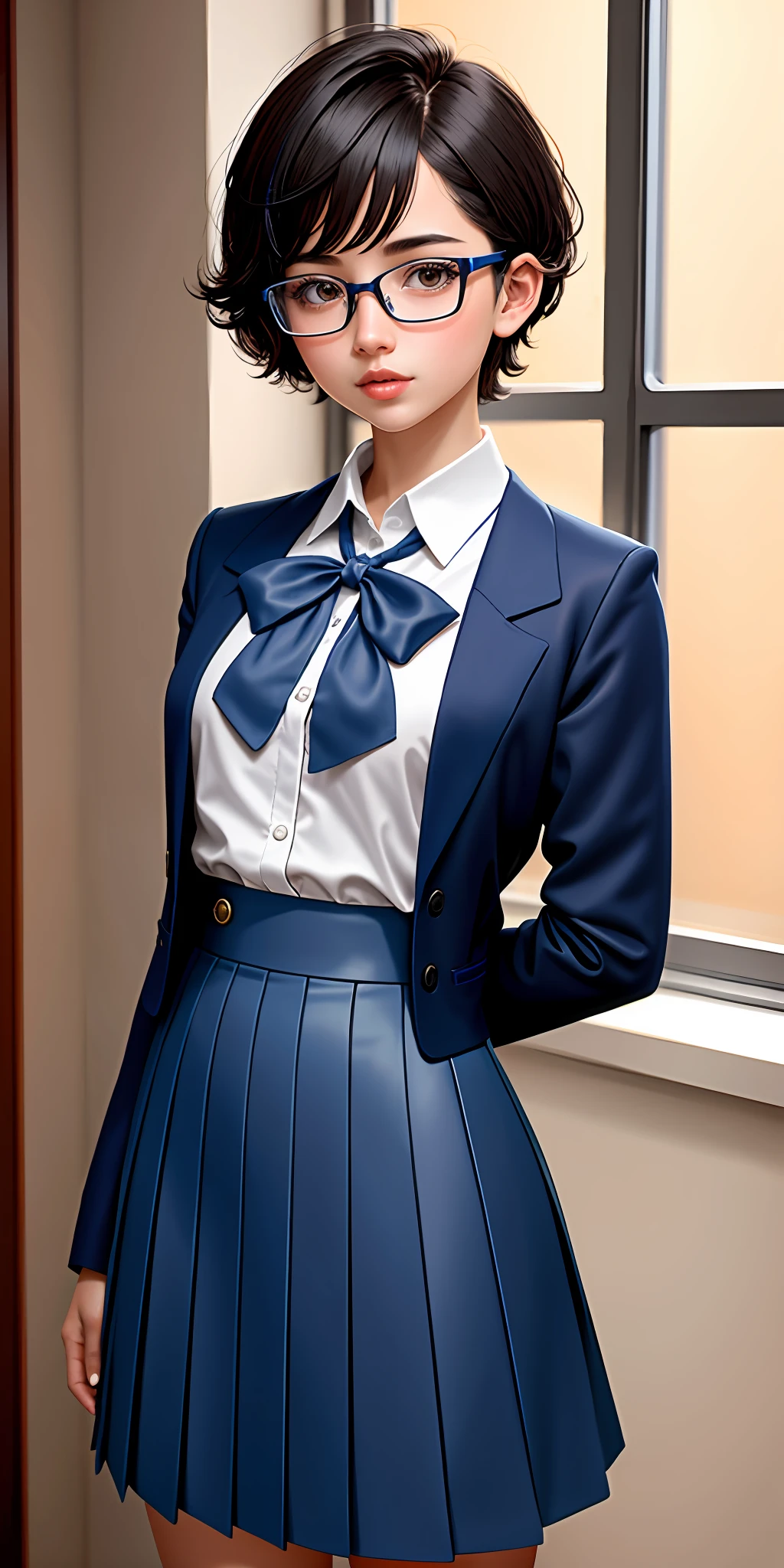 (Intellectual Charm in Private School Attire) Witness the intellectual charm of a girl with short hair and glasses, dressed in a private school uniform adorned with the colors blue and a black skirt. Her glasses add an air of intelligence and sophistication to her appearance, while her short hair frames her face with a touch of modernity. The combination of the blue top and black skirt in her uniform creates a stylish and elegant contrast. This CG artwork captures the essence of a smart and fashionable schoolgirl, radiating confidence and intelligence.