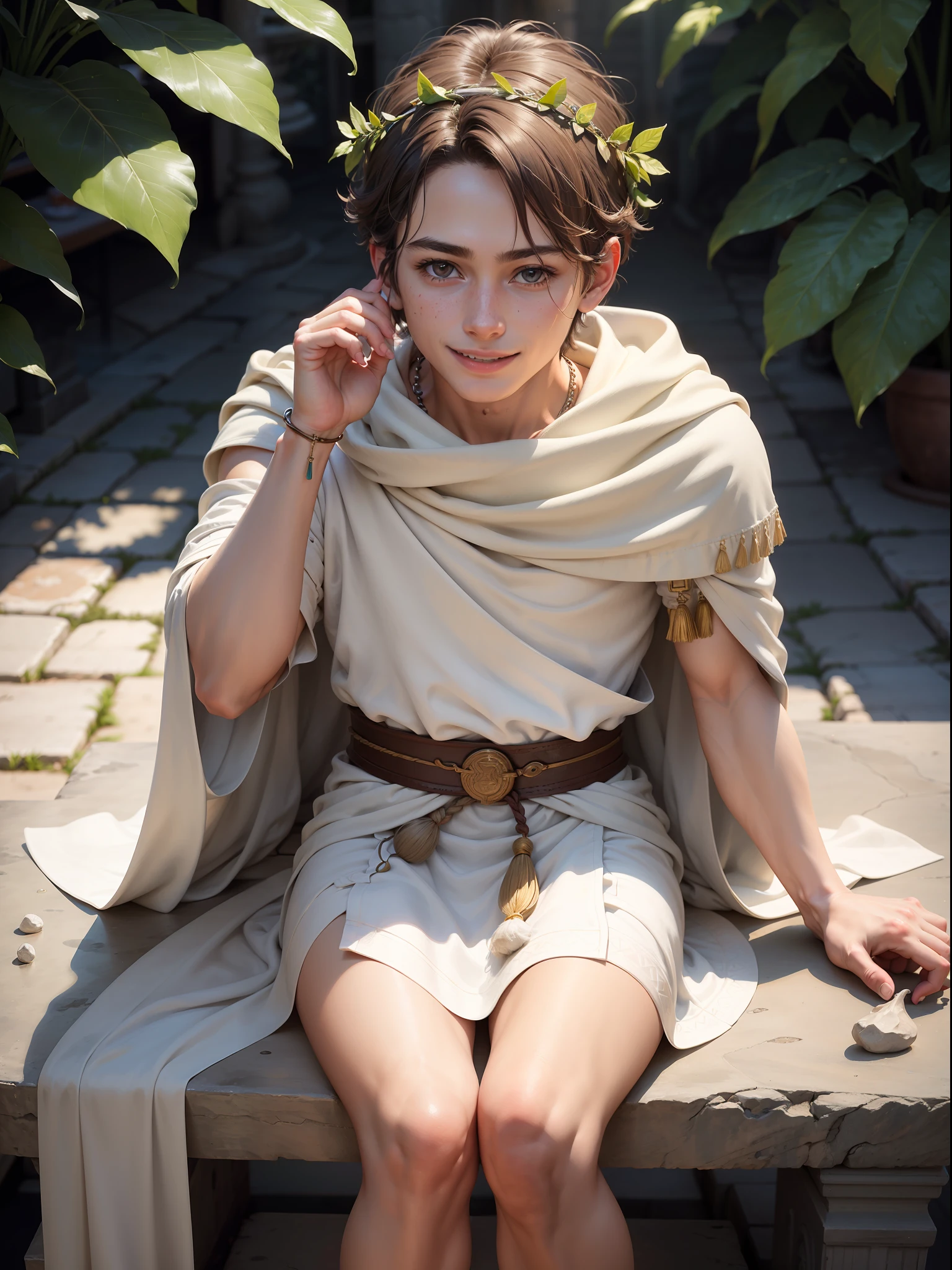 ((1boy)), Realistic, detailed, ancient Greece, white cloak over shoulder, laurel wreath on head, sincere smile, closed happy eyes, sitting at a stone table in a street restaurant, looking at the viewer, detailed face, detailed hands, detailed legs, detailed fingers, detailed hair, detailed eyes, detailed skin, dynamic lighting, (photorealistic:1.4), 8k uhd, (hyper realistic), (photo realistic), (masterpiece), (best quality)