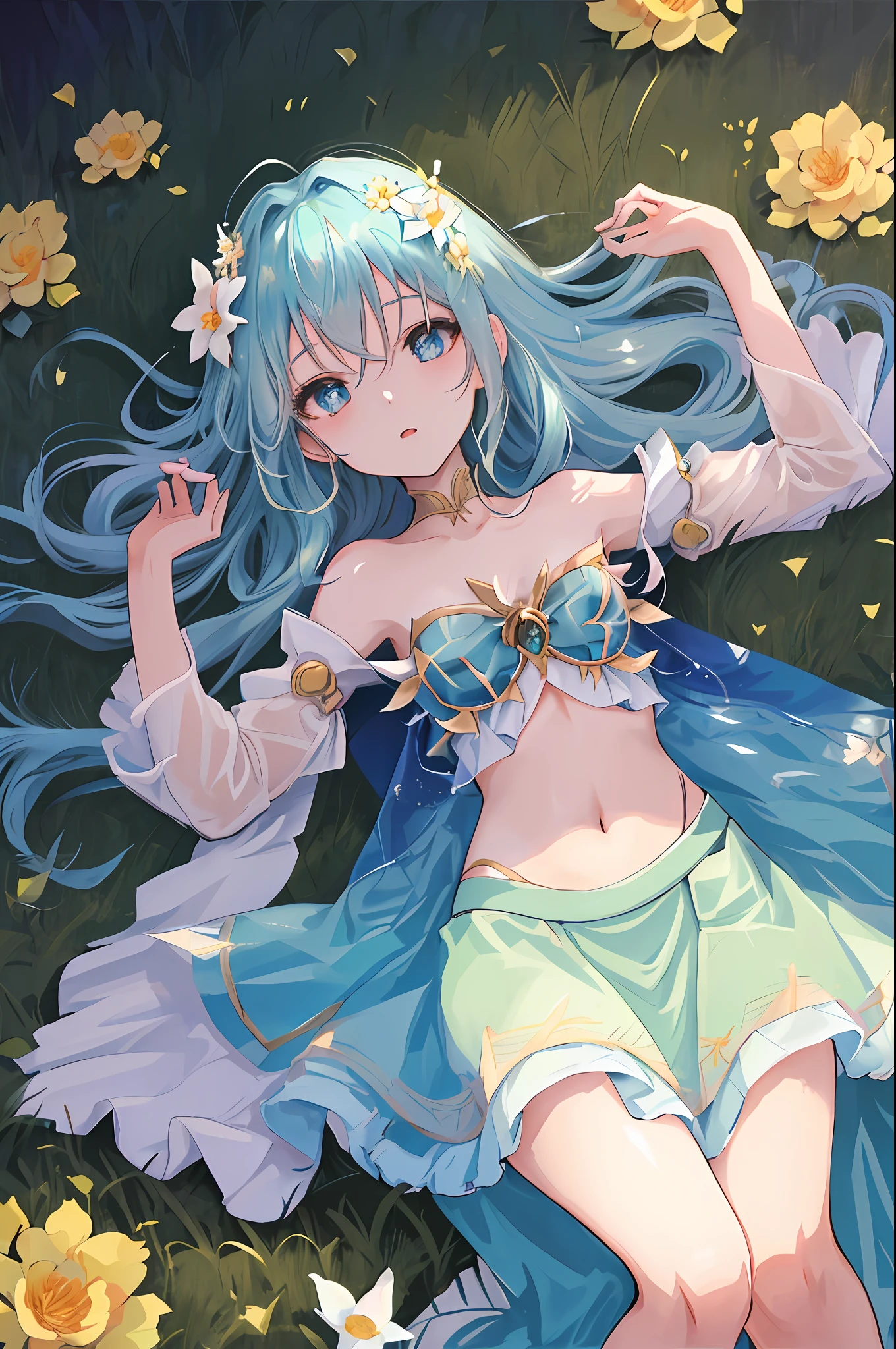anime,UHD, anatomically correct, textured skin, best quality，an extremely delicate and beautiful girl，age 22, fascinating and fine face, lively and beautidul eyes, slim figure, lying on the flower field, against backlight at dusk, aqua eyes, Long skirt, disheveled hair, artbook, cityscape, fantasy, Bare navel, Bare shoulders,lighted background