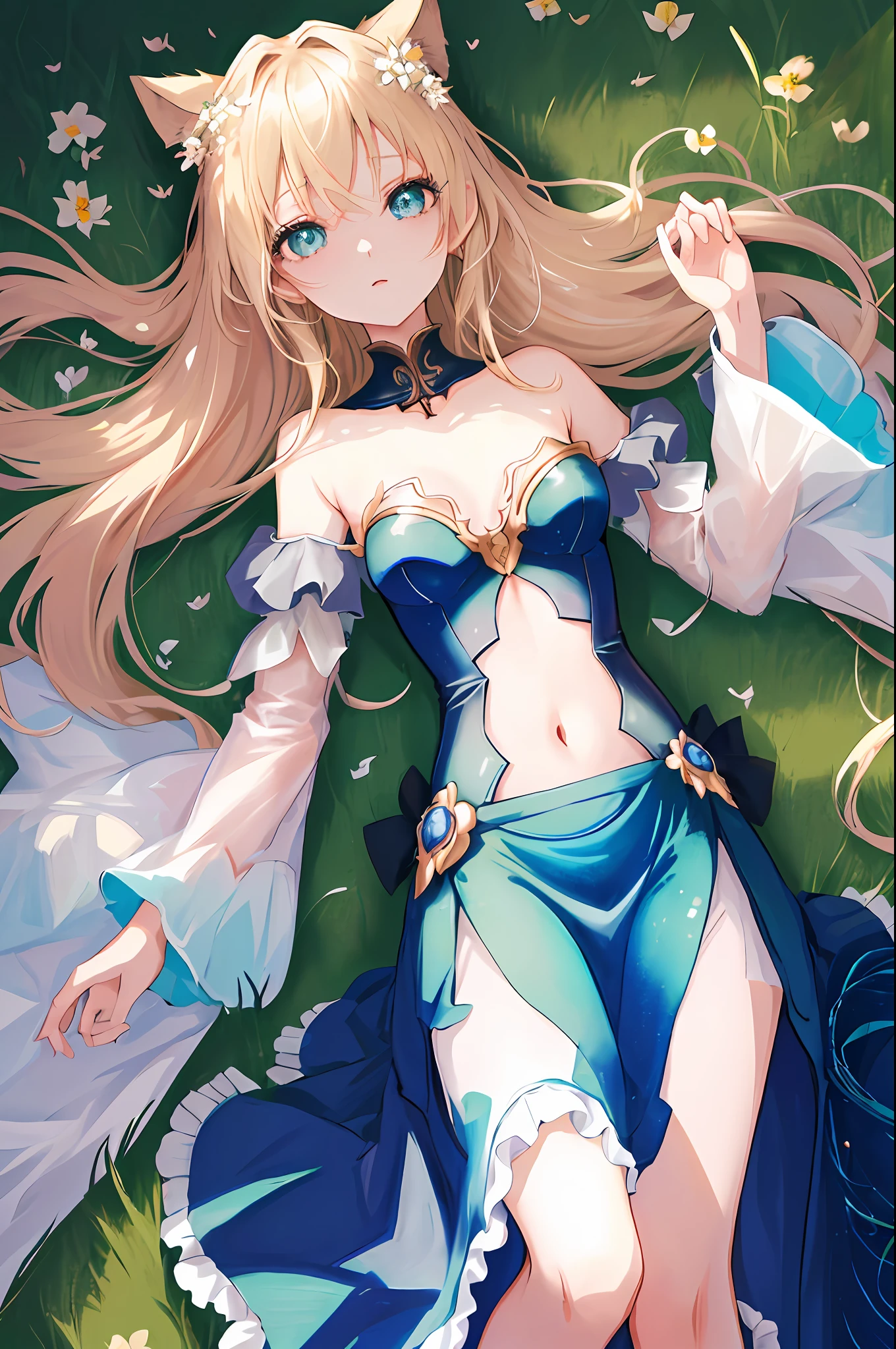 anime,UHD, anatomically correct, textured skin, best quality,an extremely delicate and beautiful girl,age 22, fascinating and fine face, lively and beautidul eyes, slim figure, lying on the flower field, against backlight at dusk, aqua eyes, Long skirt, disheveled hair, artbook, cityscape, fantasy, Bare navel, Bare shoulders,lighted background