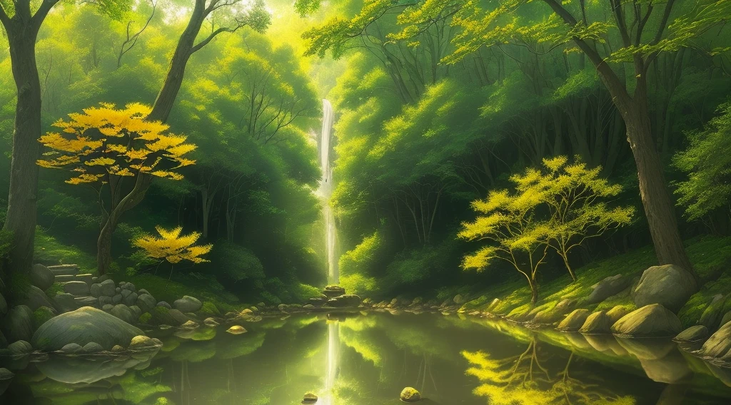 (tranquility, meek river, forest), (running water, sweet melody, stone in the middle of the river), (charming, fisherman in the ravine, elegance, jewel in the water), (big yellow tree), (peace, serenity, alone), (detailed description: reflection of the mirror, lotus, tree, shadow of the tree)