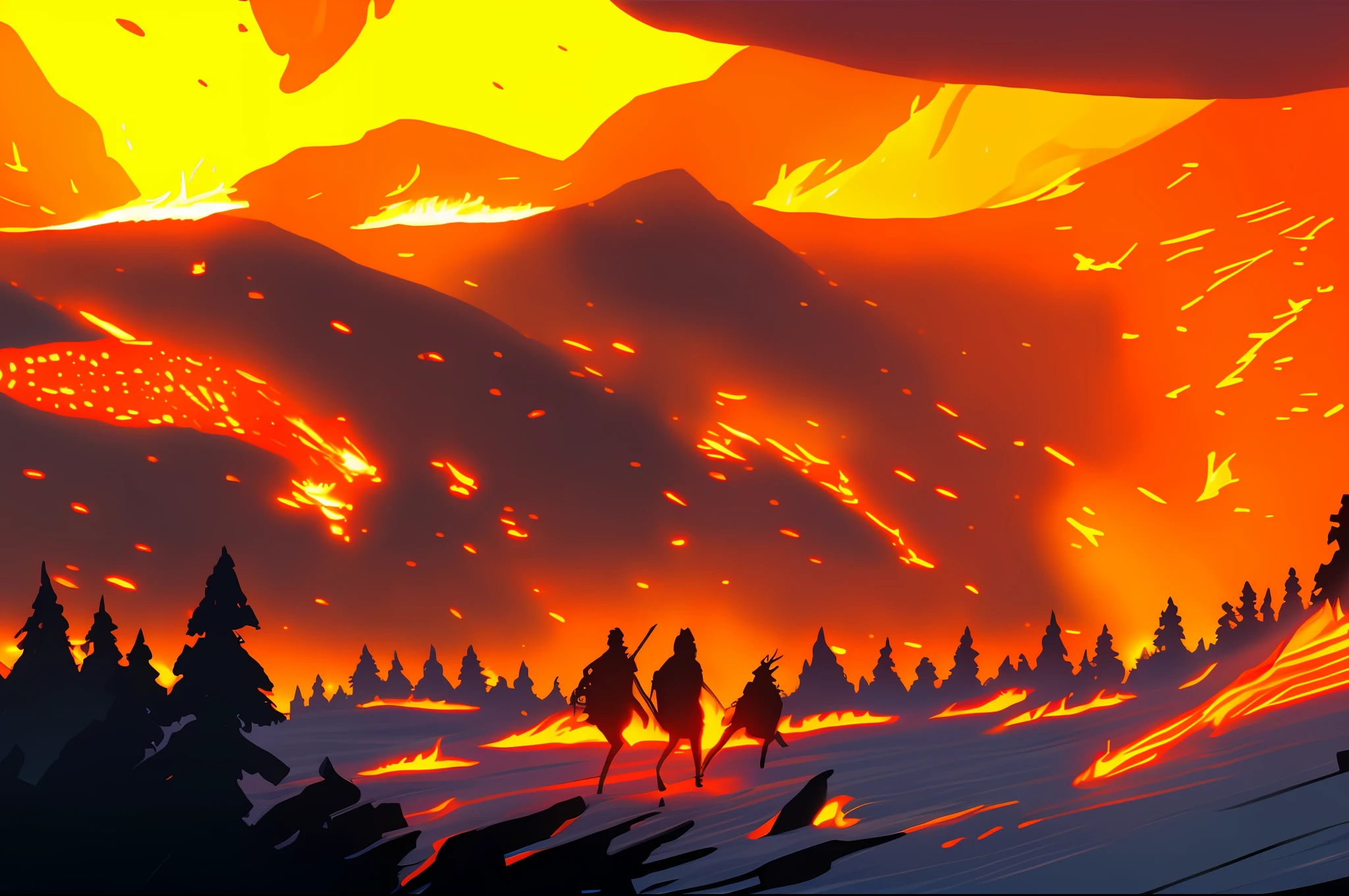 orcs running, orcs attacking, araffes on a mountain with a fire in the background, the forest is on fire, fires in the background, forest fire, burning woods, forest fires, countless fires, fires burning everywhere, orc standing in fire, there is fire everywhere the places, fires, the world is on fire, fire from the sky, forest fires in the distance, the lord of the rings, Cinematic, photography, medieval fantasy, maximum detail, D&D, rpg 4.0, medieval fantasy, ultra realistic, 4k, full hd