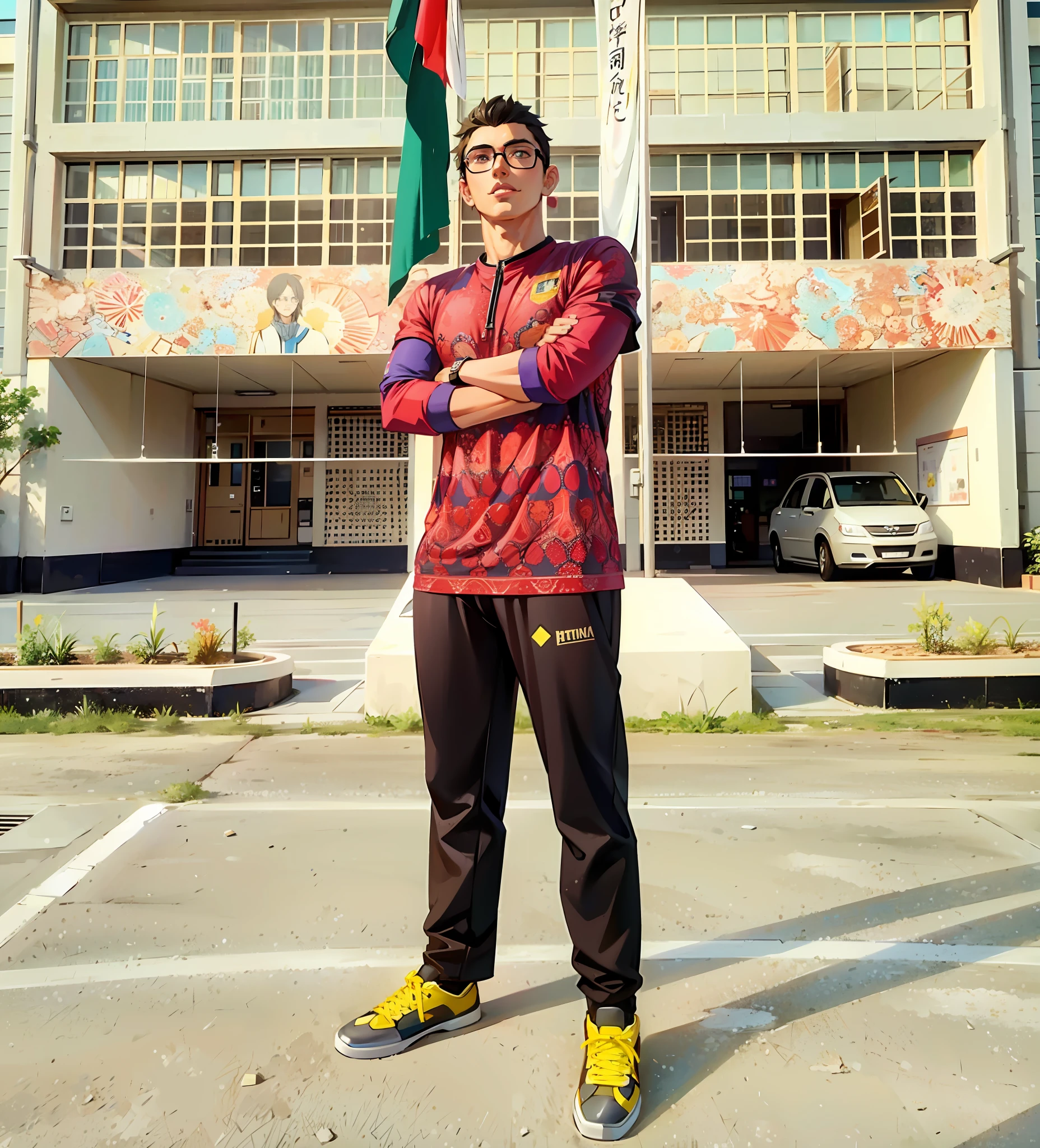 (masterpiece),(best quality:1.0), (ultra highres:1.0), detailed illustration, 8k, anime, 1boy, anime boy, standing, sports attire, full body, detailed body, perfect face, detailed face, detailed eyes, dark pupils, glasses, sunset, golden hour, detailed, anime style, best quality