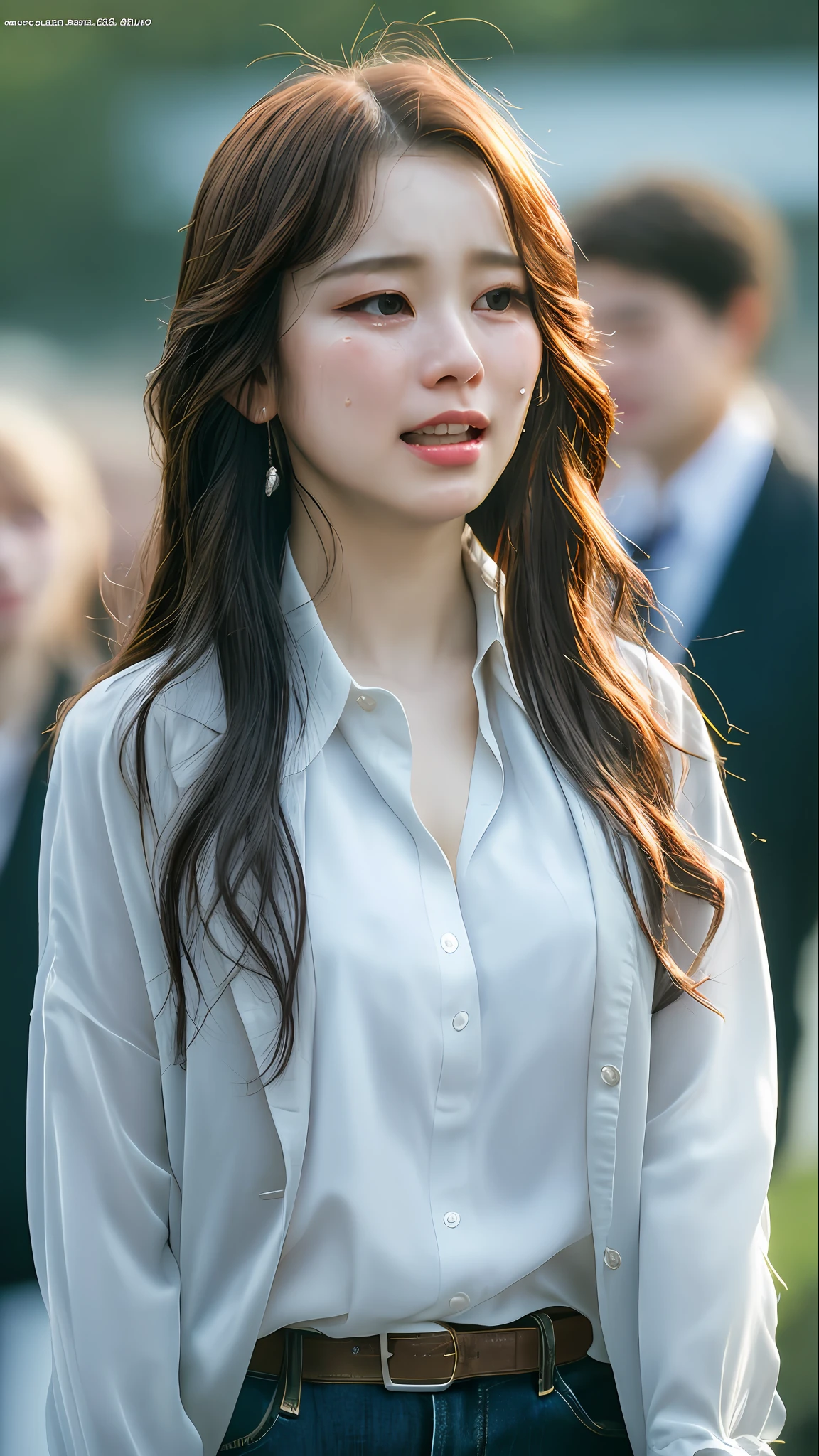 8k, top quality, masterpiece:1.2), (realistic, photo-realistic:1.37), top quality, masterpiece, beautiful young woman, crying hard, sad, tears, dressed in shirt with blouse jacket, random hair, light skin, drizzle background