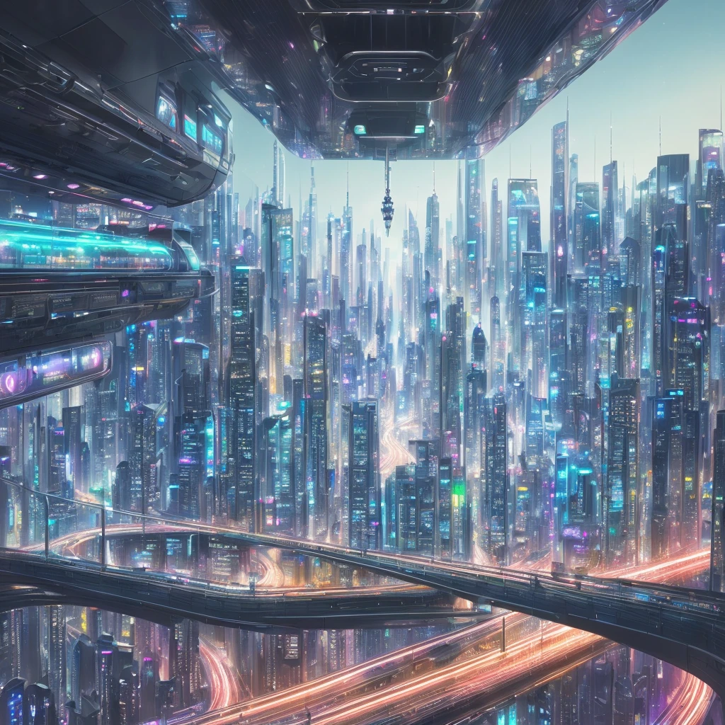 (futuristic, ultra-detailed, best quality, masterpiece, high resolution), a suspended metro of the future, a beautiful and delicate view, dynamic angle, dynamic lighting, (wide shot), (cityscape),(night), (vibrant colors), (blurred movement), (metallic and glass elements), (embedding: sci-fi)