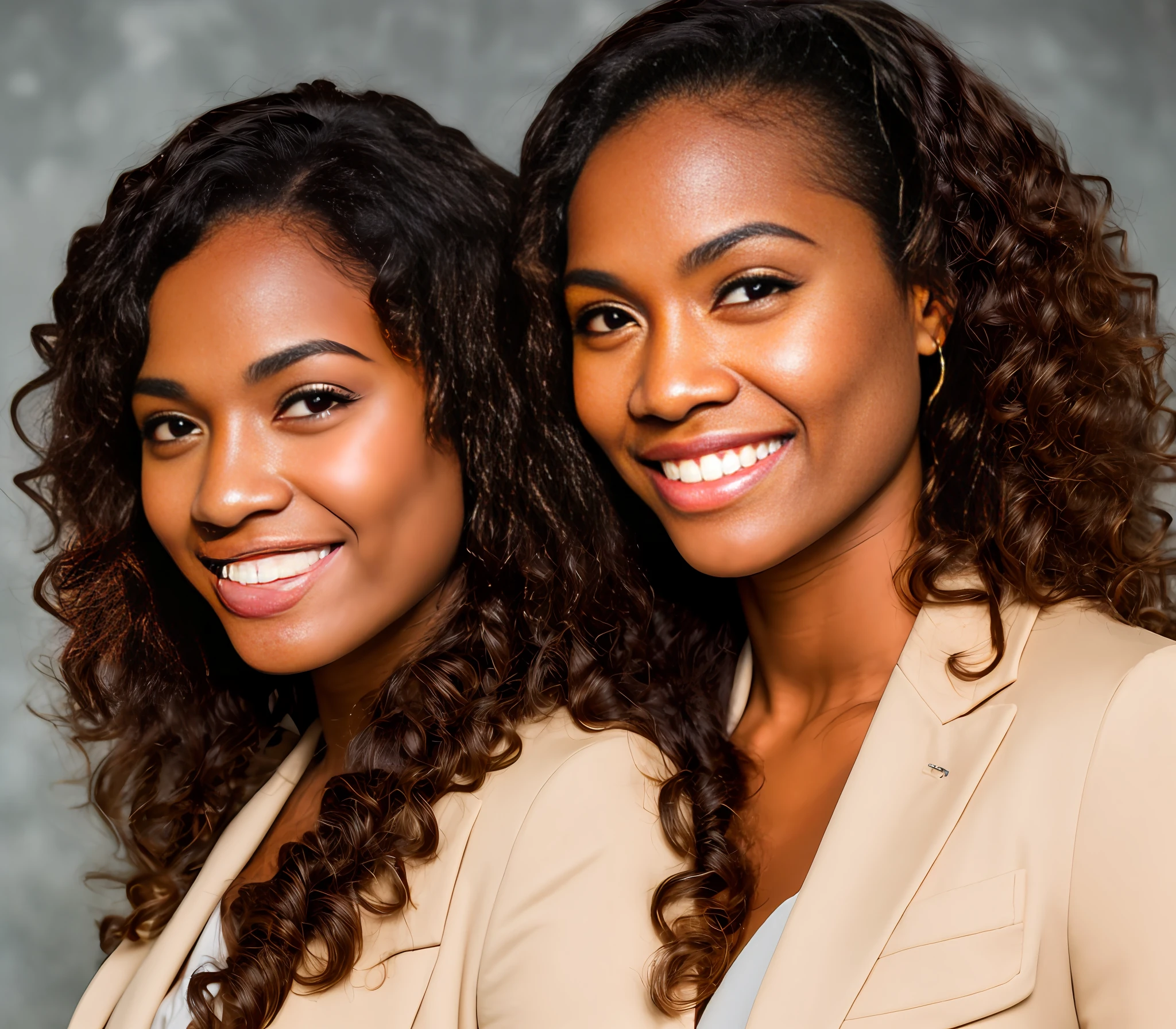 perfect portrait photo of (young black woman)) , best quality, she is wearing a beige suit, soft lighting, gorgeous, brunette woman, wide smile,
highly intricate high definition wallpaper