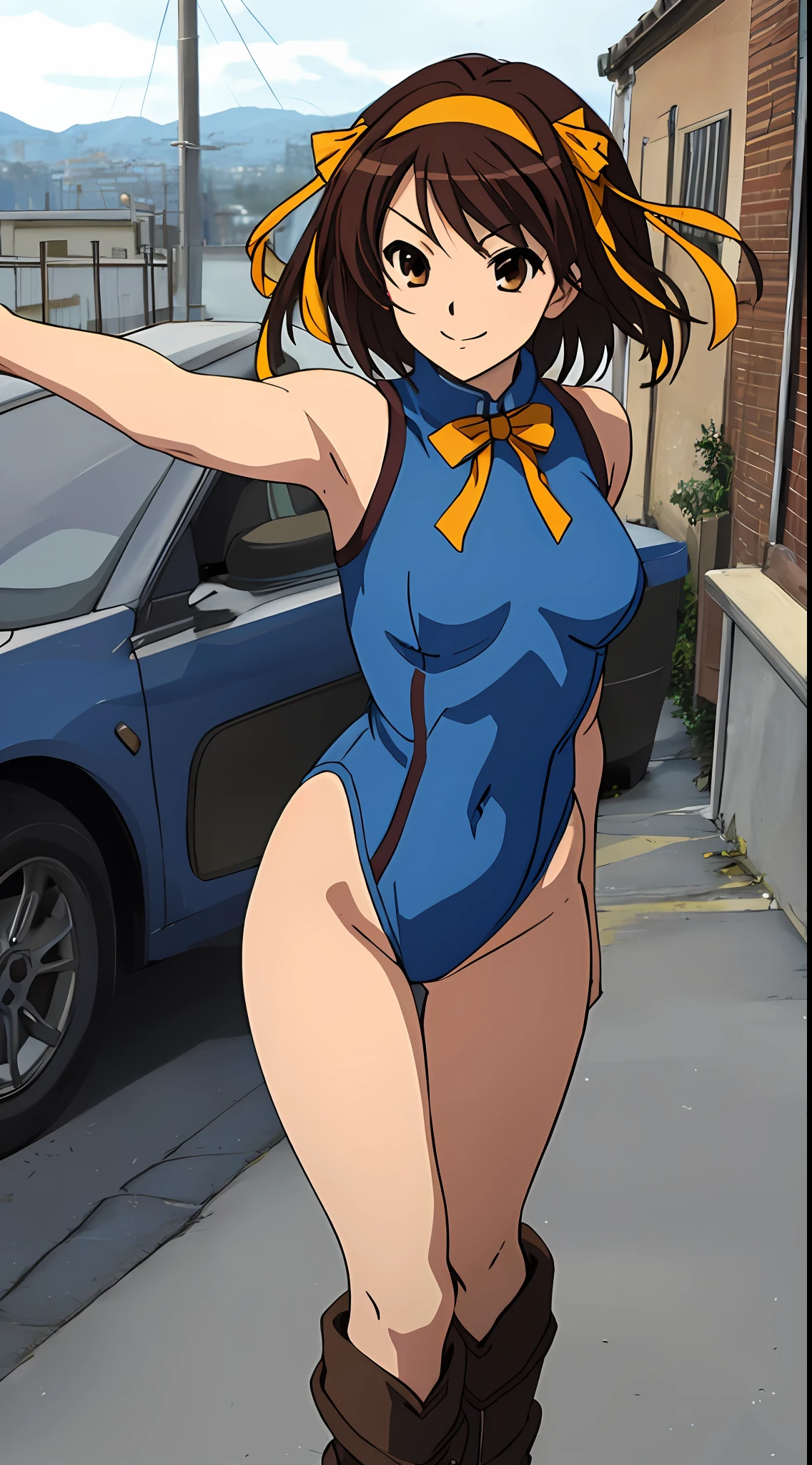 masterpiece, best quality, highres, 1girl, solo, superhero, leotard, blue and white leotard, bare legs, brown hair, short hair, brown eyes, hairband, medium hair, ribbon, boots, matching boots, blue boots, medium breasts, cowboy shot, standing, smile, city backdrop, haruhi suzumiya, kyoani haruhi style, sleeveless,