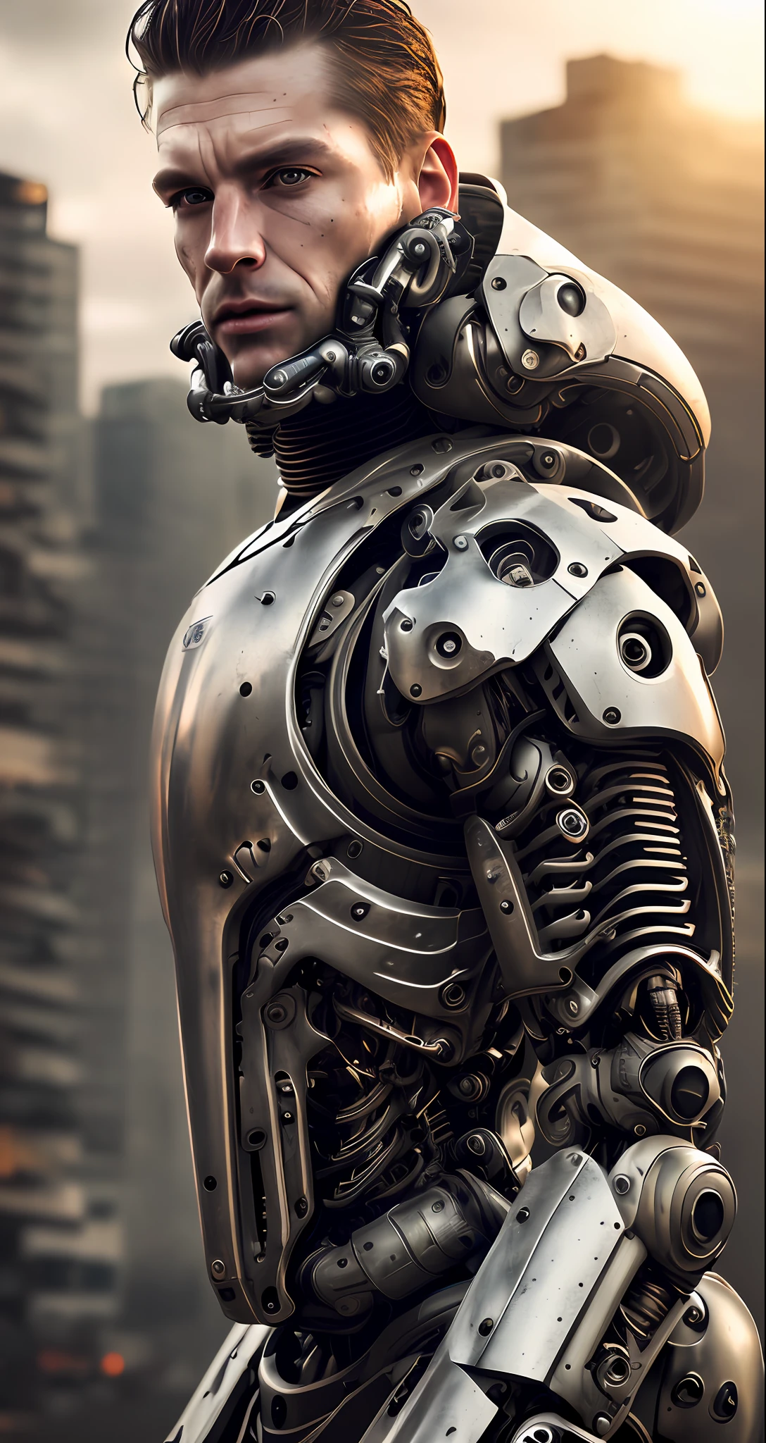super realistic photo] of ((man with male face very strong male body in huge biomechanical hydraulic exoskeleton armored robot)), (detailed face), in hifi 8ksunset, sweaty, dirt, post-apocalyptic, long hair, cyberpunk, (modelshoot style), nsfw