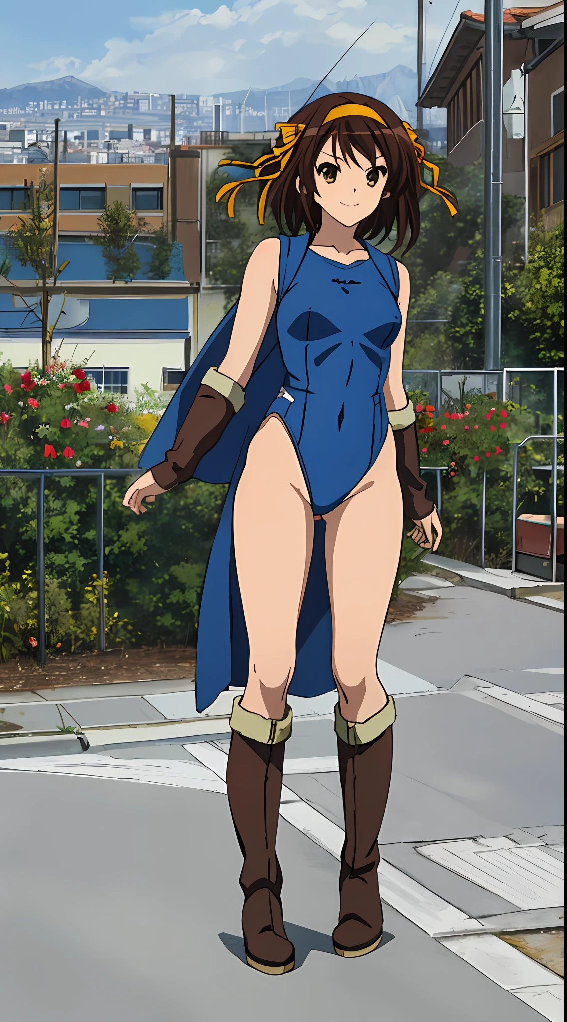 masterpiece, best quality, highres, 1girl, solo, superhero, leotard, blue and white leotard, bare legs, brown hair, short hair, brown eyes, hairband, medium hair, ribbon, boots, matching boots, blue boots, medium breasts, cowboy shot, standing, smile, city backdrop, haruhi suzumiya, kyoani haruhi style, sleeveless,
