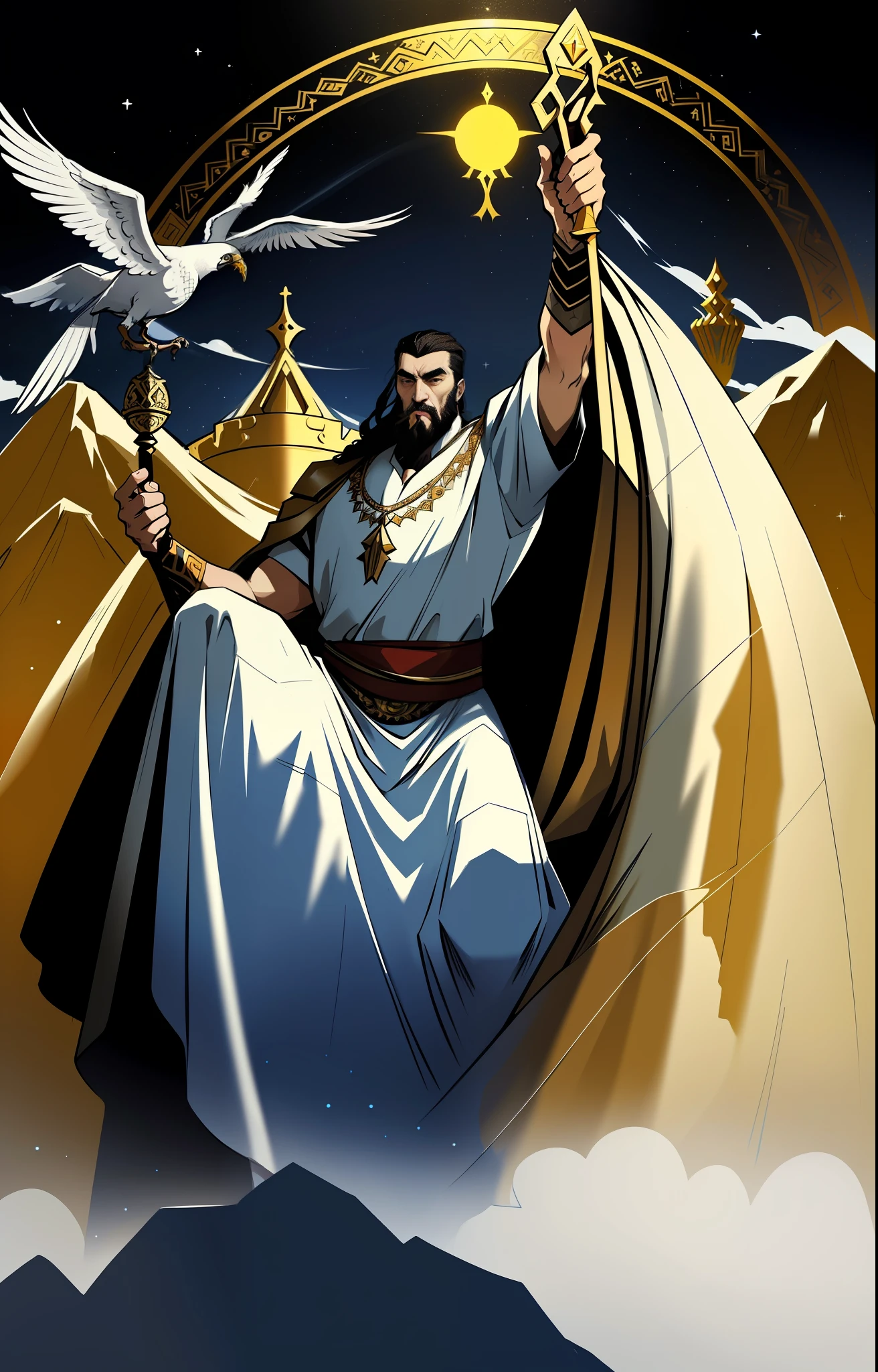 a painting of a man in a white dress holding a bird, great king of stovokor, slavic mythology, slavic!!!, а fantasy proto-slavic mythology, norse god, slavic, russian shaman, apollinaris vasnetsov, slavic style, slavic features, the god emperor of mankind, by Vladimir Novak