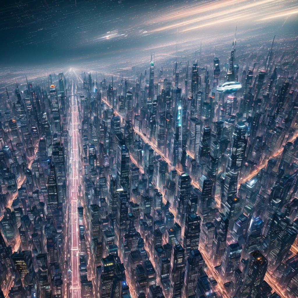 (futuristic, ultra-detailed, best quality, masterpiece, high resolution), a suspended metro of the future, a beautiful and delicate view, dynamic angle, dynamic lighting, (wide shot), (cityscape),(night), (vibrant colors), (blurred movement), (metallic and glass elements), (embedding: sci-fi)