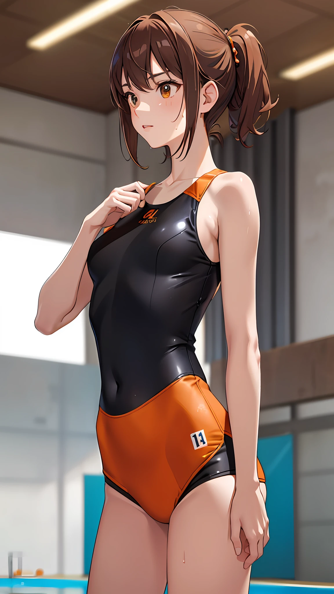 1girl, solo, anime girl in May orange, doing swimming, physical education, brown hair, brown eyes, masterpiece, best quality, realistic, hyper-detailed, shiny skin, sweaty, slender, small breasts, , sfw, ecchi, sensual, shoulders showing, dynamic lighting, high resolution, sharp focus, depth of field