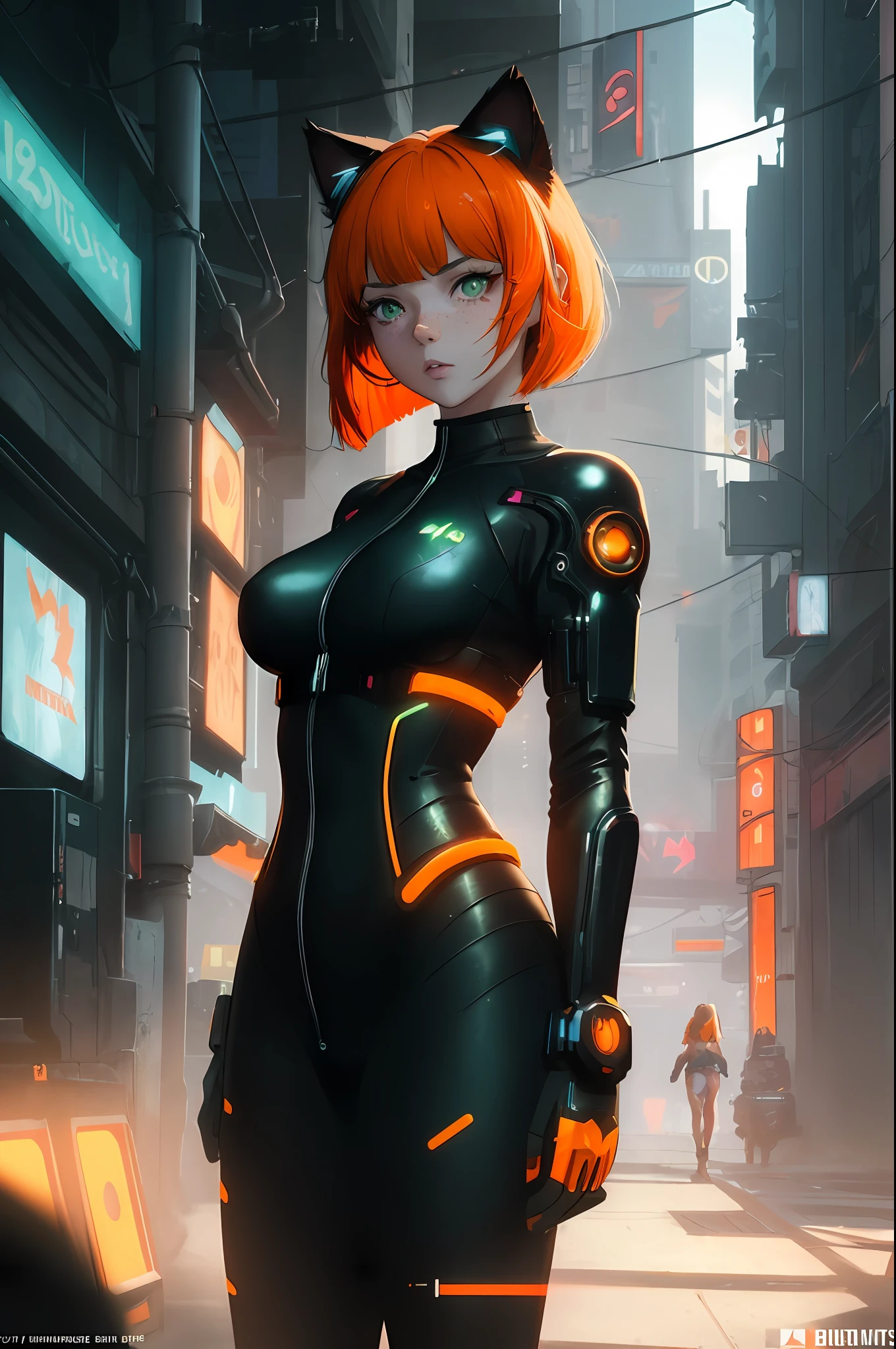 (((masterpiece))), full body frame, one beautiful girl with bob cut pale skin, angry, (short orange hair), (cat ear), (green eyes), (orange tail), model shoot style, a gorgeous a girl, freckles, dynamic hair, perfect body, small breast, highly detailed, more details, ((cyberpunk)) , ((neon light)), cinematic atmosphere, fog, precise correct anatomy, epic scene, artstation, ilya kuvshinov, zeronis, wlop, mignon, triadic colors, volumetric lighting , indirect light, dynamic lighting, two side light source, post-processing, global illumination, detailed and intricate environment, modelshoot style, 8K UHD, concept art, octane render, comic style