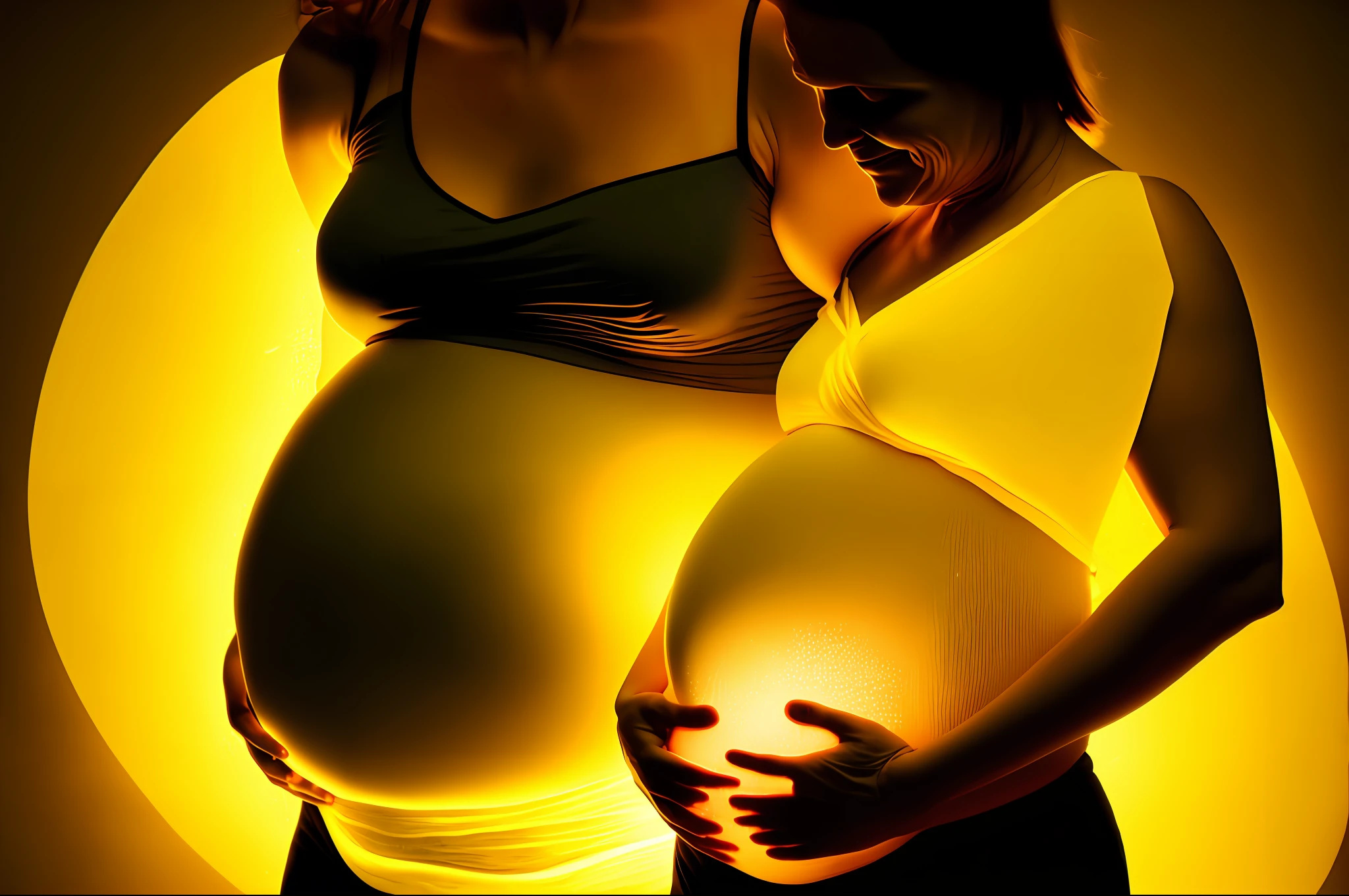 pregnant woman holding a baby in her belly with a yellow light, pregnant belly, femme fetal, visible belly, maternal, maternity feeling, pregnancy, membrane pregnancy sac, maternal photography 4 k, visible stomach, pregnant, folds of belly flab, highly rendered, fetus, belly button showing, fertility, by Eugeniusz Zak, inspired by Anne Geddes