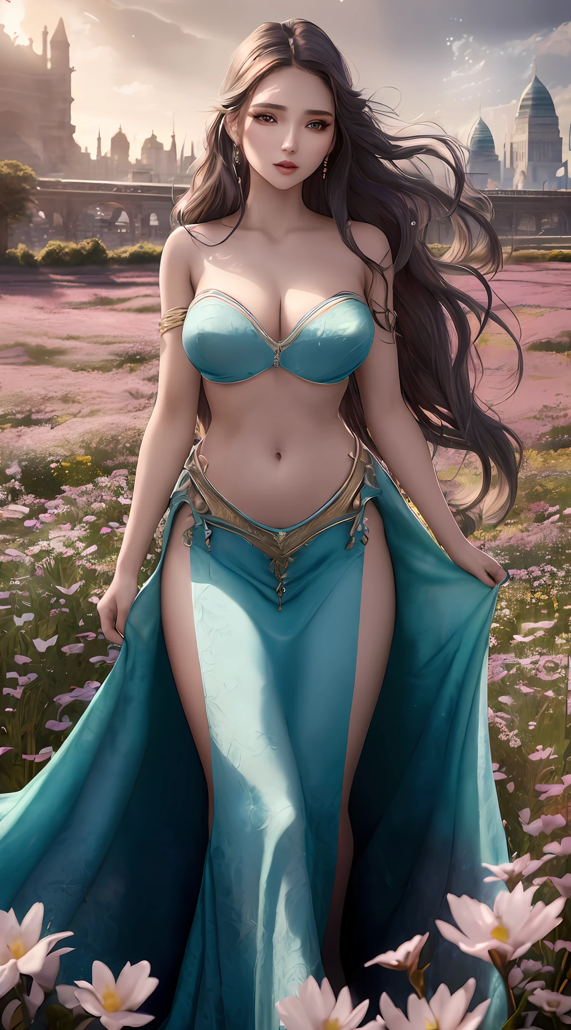 UHD, anatomically correct, textured skin, best quality，an extremely delicate and beautiful girl，age 22, fascinating and fine face, lively and beautidul eyes, slim figure, lying on the flower field, against backlight at dusk, aqua eyes, Long skirt, disheveled hair, artbook, cityscape, fantasy, Bare navel, Bare shoulders