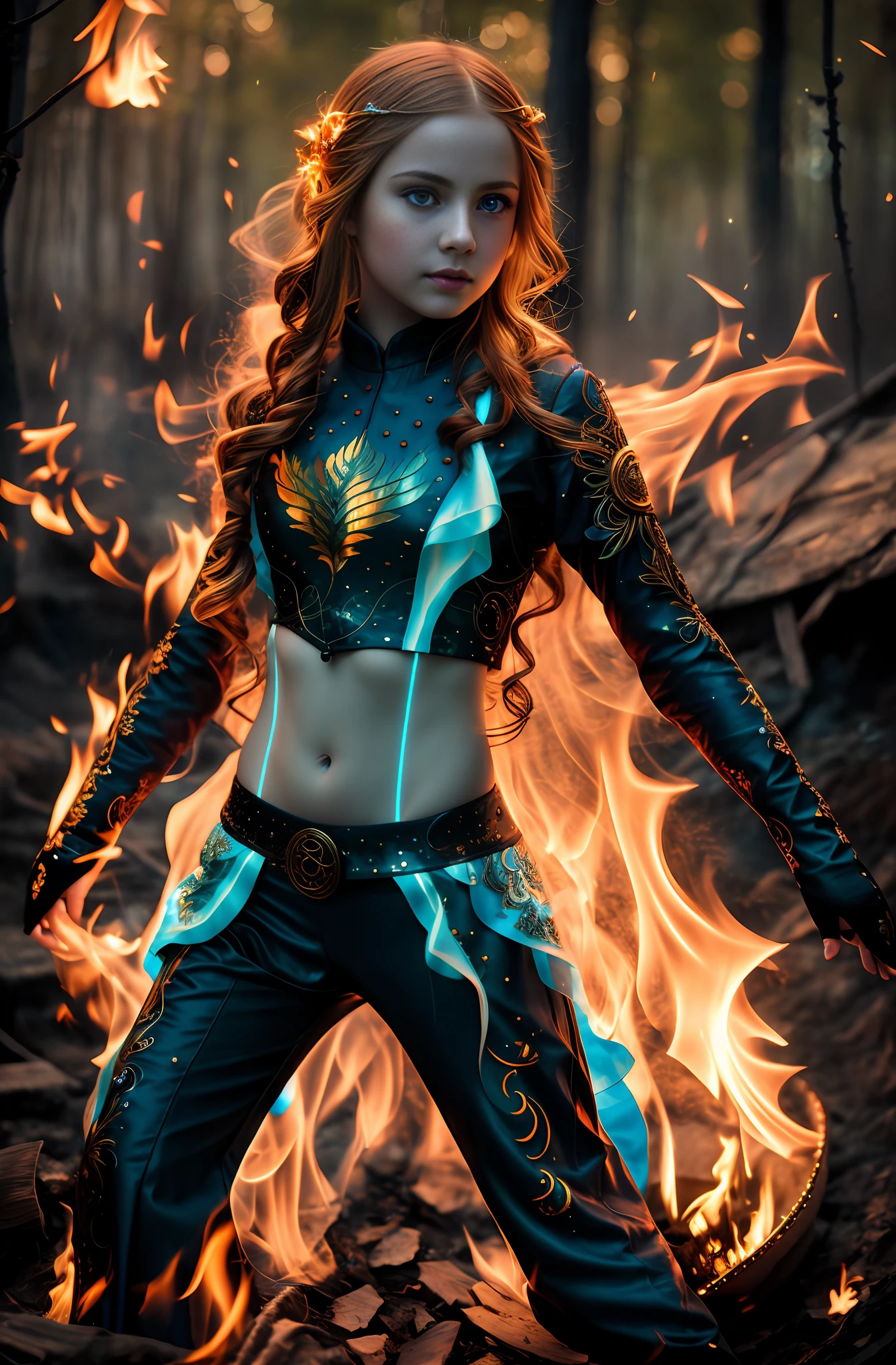 blue eyes, girl, burn fire hair, luminous intricate clothes, realistic, masterpiece, best quality, ultra-detailed, detailed, scenery, beautiful detailed eyes, detailed hair, realistic hand, intricate clothes