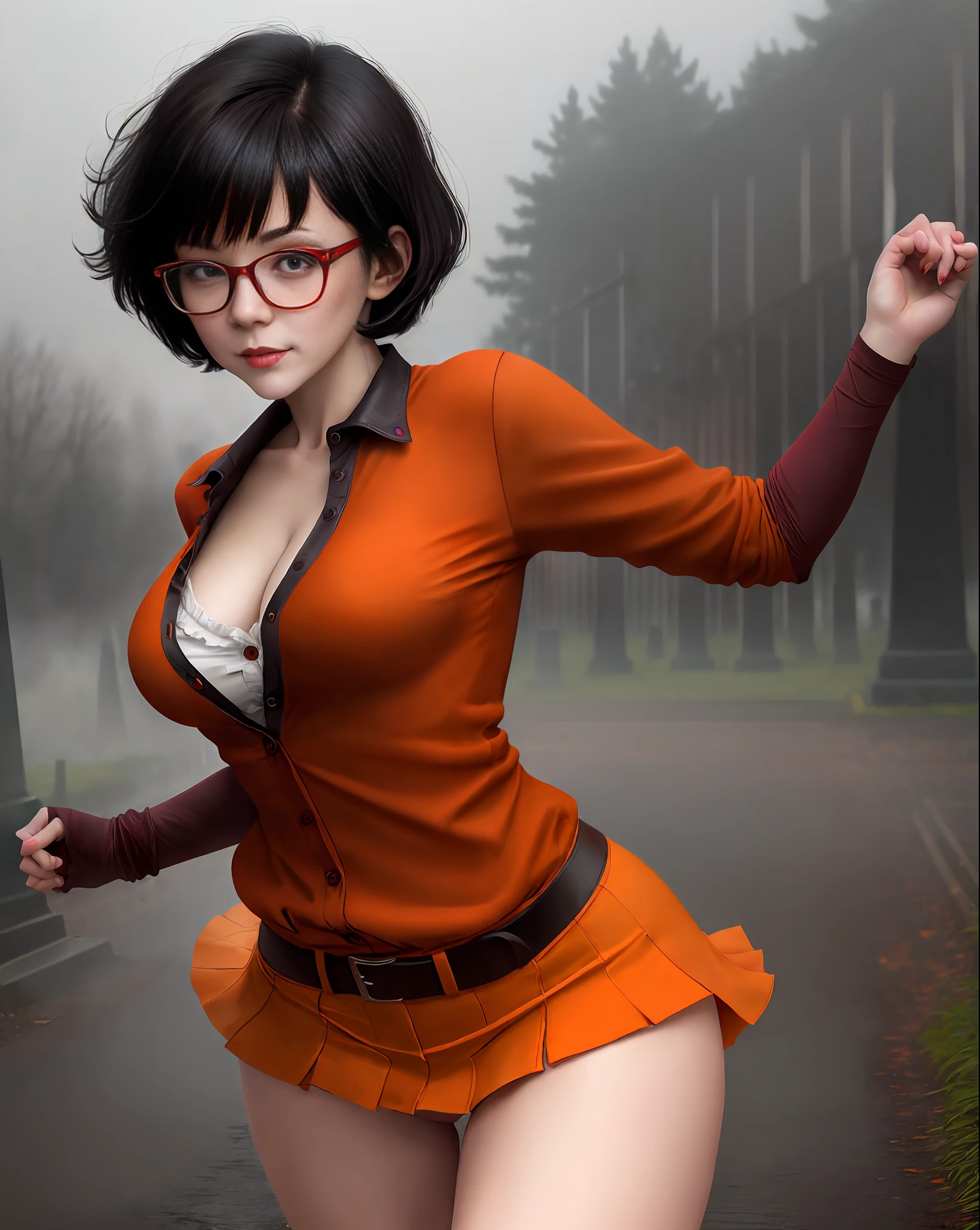 Perverted face girl, Velma from Scooby Doo anime, western facial features, short black hair, short orange orange blouse (crepe), very sensual, very sensual red high school mini skirt, running from a show, large breasts, torn clothes, submissive look, perverted smile, glasses, short black glove, cemetery, fog, dark, 3 am, cloudy night, Horror weather, dawn, crosses, suspense, (masterpiece, blurred background, natural lighting, depth of field, ultra detailed and realistic photography, 100mm lens), portrait style