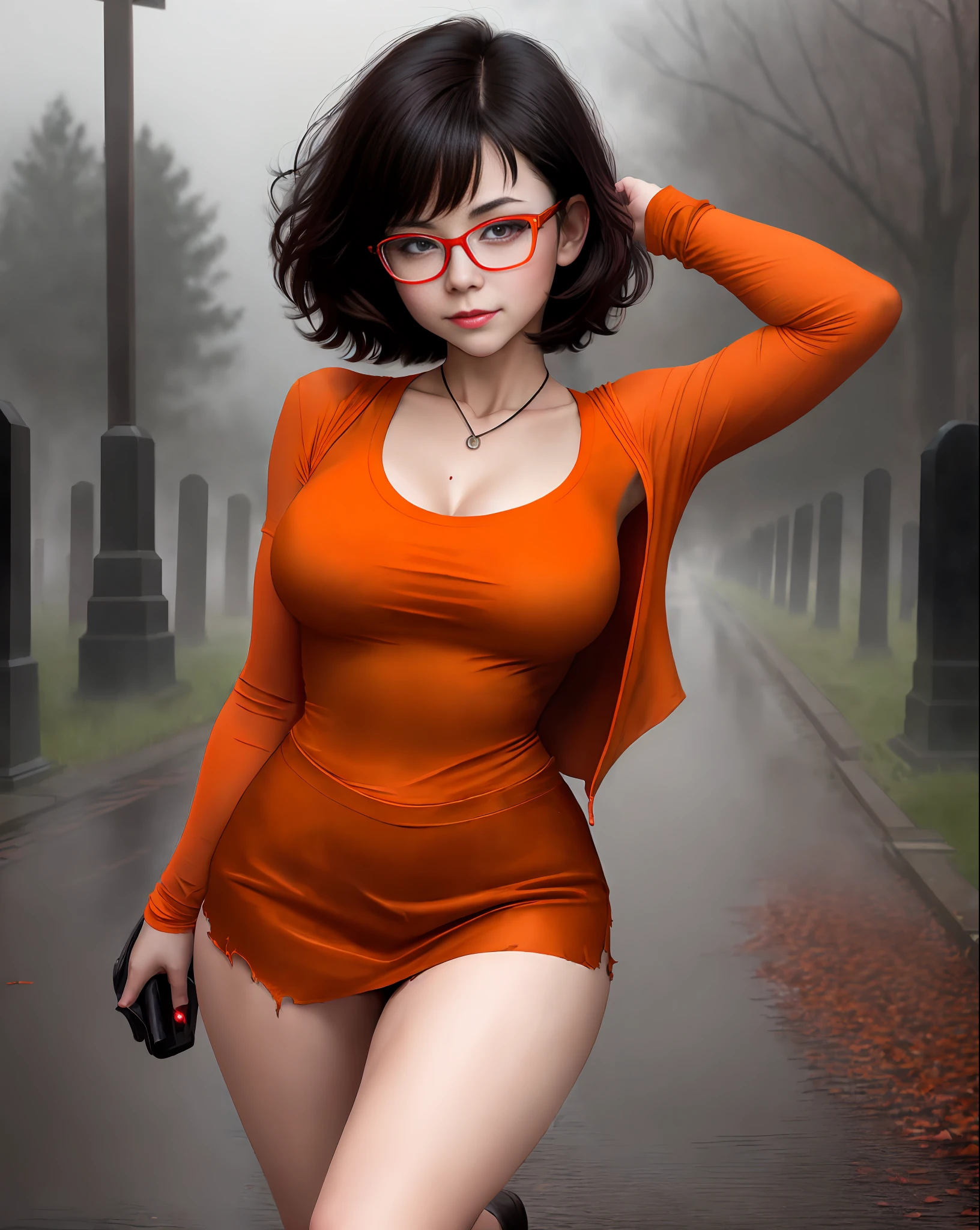 Perverted face girl, Velma from Scooby Doo anime, western facial features, short black hair, short orange orange blouse (crepe), very sensual, very sensual red high school mini skirt, running from a show, large breasts, torn clothes, submissive look, perverted smile, glasses, short black glove, cemetery, fog, dark, 3 am, cloudy night, Horror weather, dawn, crosses, suspense, (masterpiece, blurred background, natural lighting, depth of field, ultra detailed and realistic photography, 100mm lens), portrait style