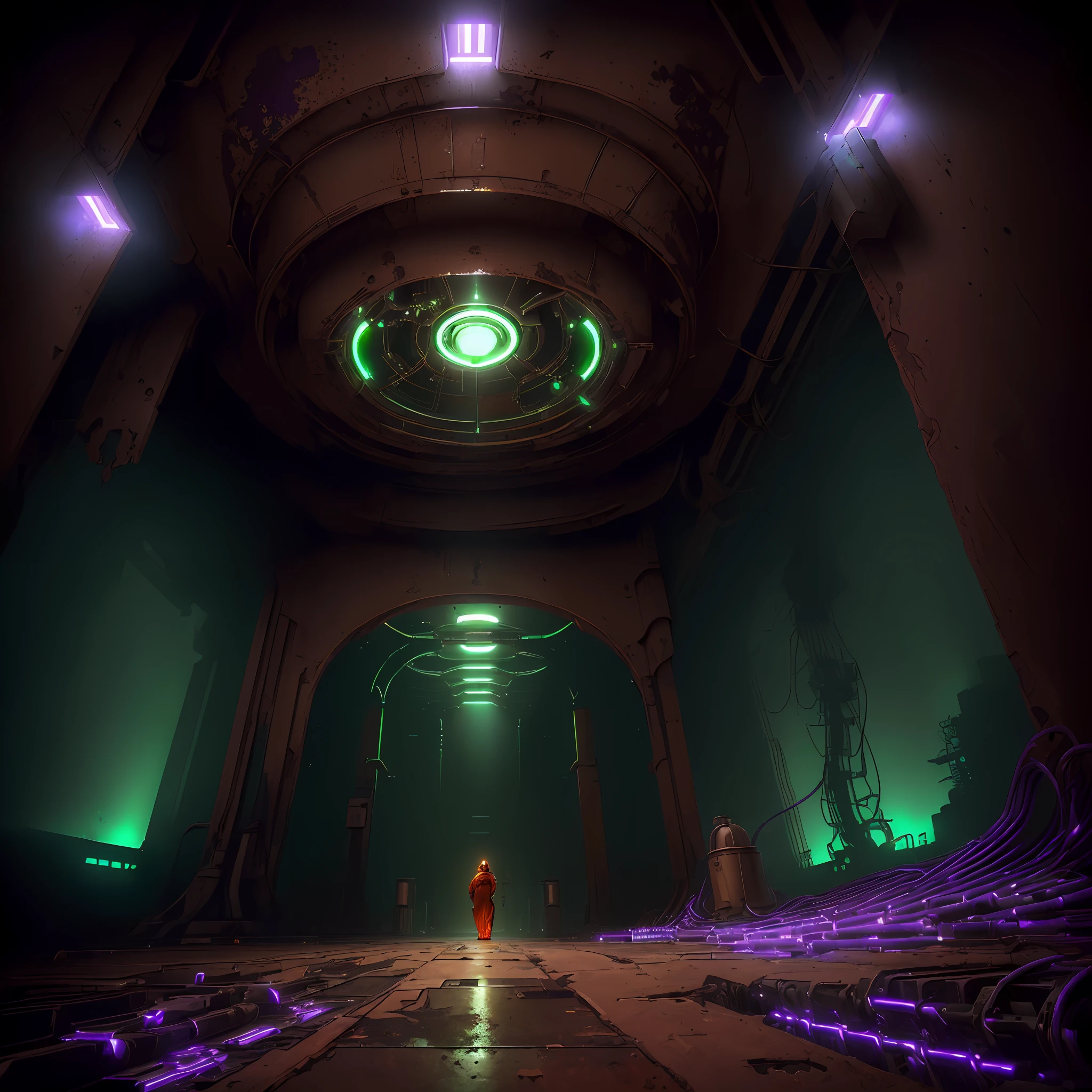 (retrofuturistic architecture), carefully crafted, highly detailed CG unity 8k wallpaper, (best illumination, best shadow), vintage sepia tone, dynamic angle, wide shot, dramatic perspective, (no humans), (glowing blue:1.3+green:1.2+purple:1.2) lights, metallic texture, excessive wires and tubing, mechanical elements, (repetitive patterns:0.8) on walls, volumetric light, (aged:0.9+rust:1.2) on surfaces