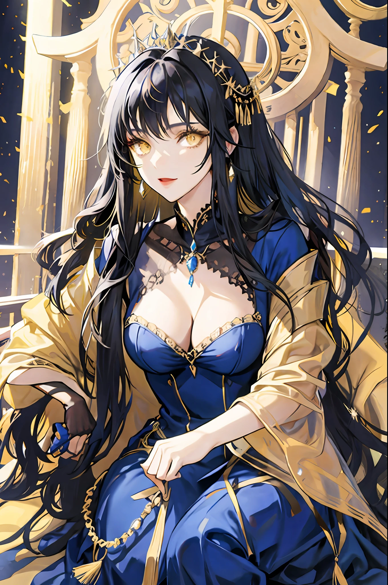 Woman with straight and fringed black hair, yellow eyes, royalty, beautiful woman, adult woman, sexy woman, blue dress