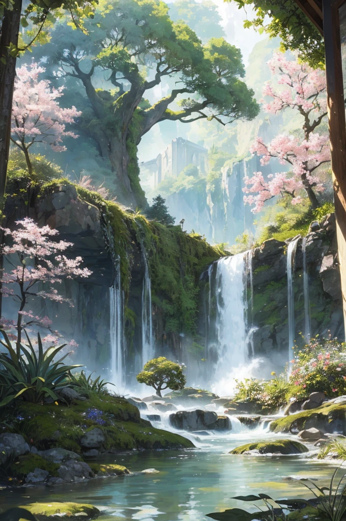 Set against a backdrop of rolling hills and lush greenery, the scene transports you to a realm where nature thrives in harmony. The landscape is alive with vibrant colors and intricate details, each stroke of the artist's brush revealing a hidden story.
In the foreground, a babbling brook meanders through the landscape, its crystal-clear waters reflecting the gentle light of the sun. Soft ripples create a soothing melody, inviting you to immerse yourself in the tranquility of the moment.
As your gaze travels further, a majestic, towering tree emerges—a guardian of the land. Its gnarled branches stretch toward the heavens, adorned with emerald leaves that dance in the breeze. The tree stands as a symbol of wisdom and resilience, its ancient roots firmly anchored in the earth.
Nestled beneath the protective embrace of the tree's sprawling canopy, a cozy cottage appears. Its thatched roof exudes warmth and charm, with ivy climbing the walls and delicate flowers peeking through the windowsills. Smoke gently spirals from the chimney, hinting at the stories and secrets shared within.
As your eyes wander beyond the cottage, a field of wildflowers unfolds—a symphony of colors that stretches as far as the eye can see. Each petal is meticulously crafted, from the delicate pink of cherry blossoms to the vibrant purple of lavender, creating a tapestry of beauty that invites you to lose yourself in its fragrant embrace.In the distance, a cascade of waterfalls descends from towering cliffs, their foamy white currents creating a mesmerizing spectacle. The water glistens under the sunlight, casting shimmering rainbows that seem to paint the air with magic.Above, the sky comes alive with a medley of hues—a canvas adorned with wisps of cotton candy clouds. The sun, a gentle orb of golden light, bathes the landscape in a warm, ethereal glow. As daylight fades, the stars twinkle to life, casting their luminous glow upon the world below.Amidst this captivating scene, whimsical