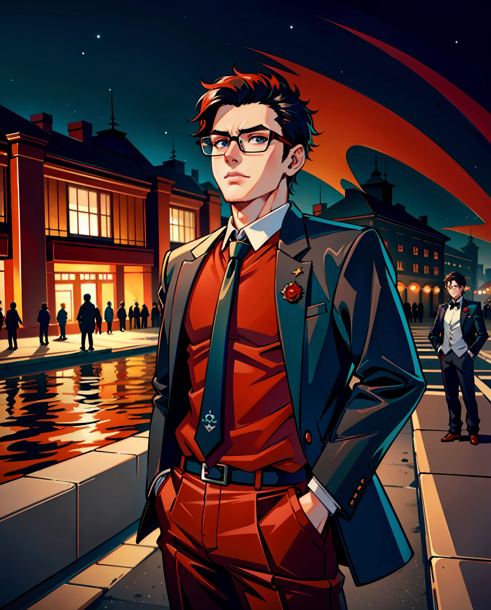 masterpiece),(best quality:1.0), (ultra highres:1.0), detailed illustration, 8k, anime, 1boy, anime boy, red suite, white shirt,  black tie, hands in pocket, jacket over shoulder, detailed face, black pupils, detailed eyes, glasses, day time, red environment, majestic, red maple leaves, detailed, anime style, best quality