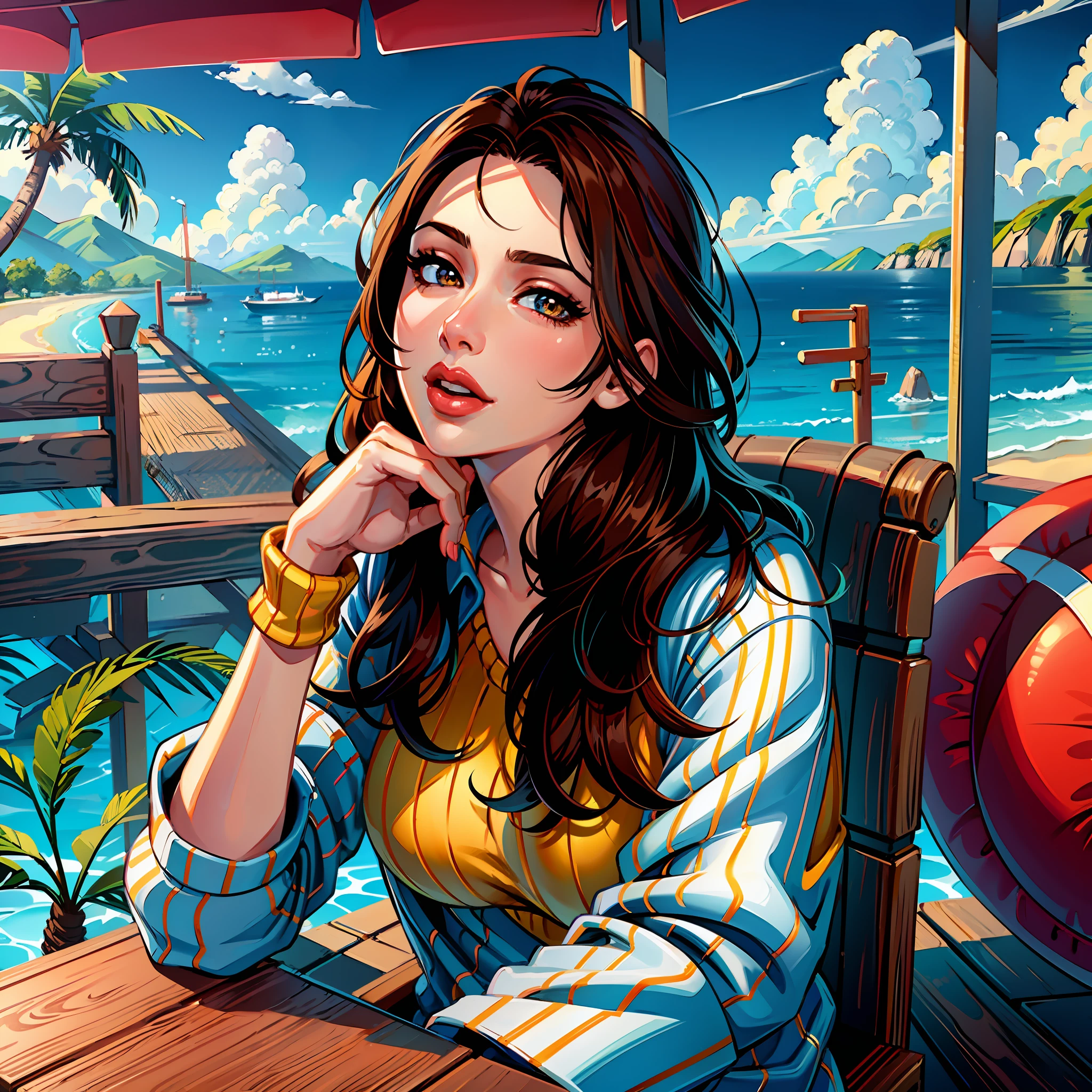 (masterpiece),(best quality:1.0), (ultra highres:1.0), detailed illustration, 1 girl, sitting on a chair, beach, sunny, hand on chin, pretty face, cute anime girl, pretty eyes, brown pupils, detailed eyes with highlights, slight brown hair, detailed hair, slight red lips, detailed lips, pretty lips, bikini, vibrant, anime style