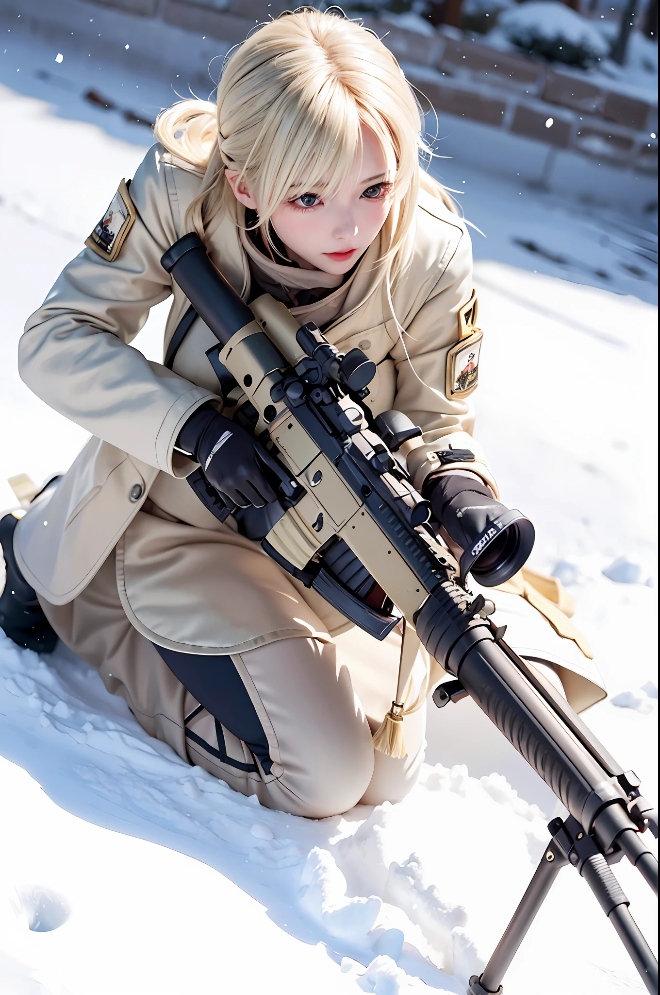 blond woman with a rifle crouches down in the snow, with rifle, of a sniper girl in war, m4 sopmod ii girls frontline, perfect white haired girl, holding a sniper rifle, holding rifle, artwork in the style of guweiz, white haired, quiet from metal gear solid, holding a rifle, female action anime girl, shooting pose, infantry girl