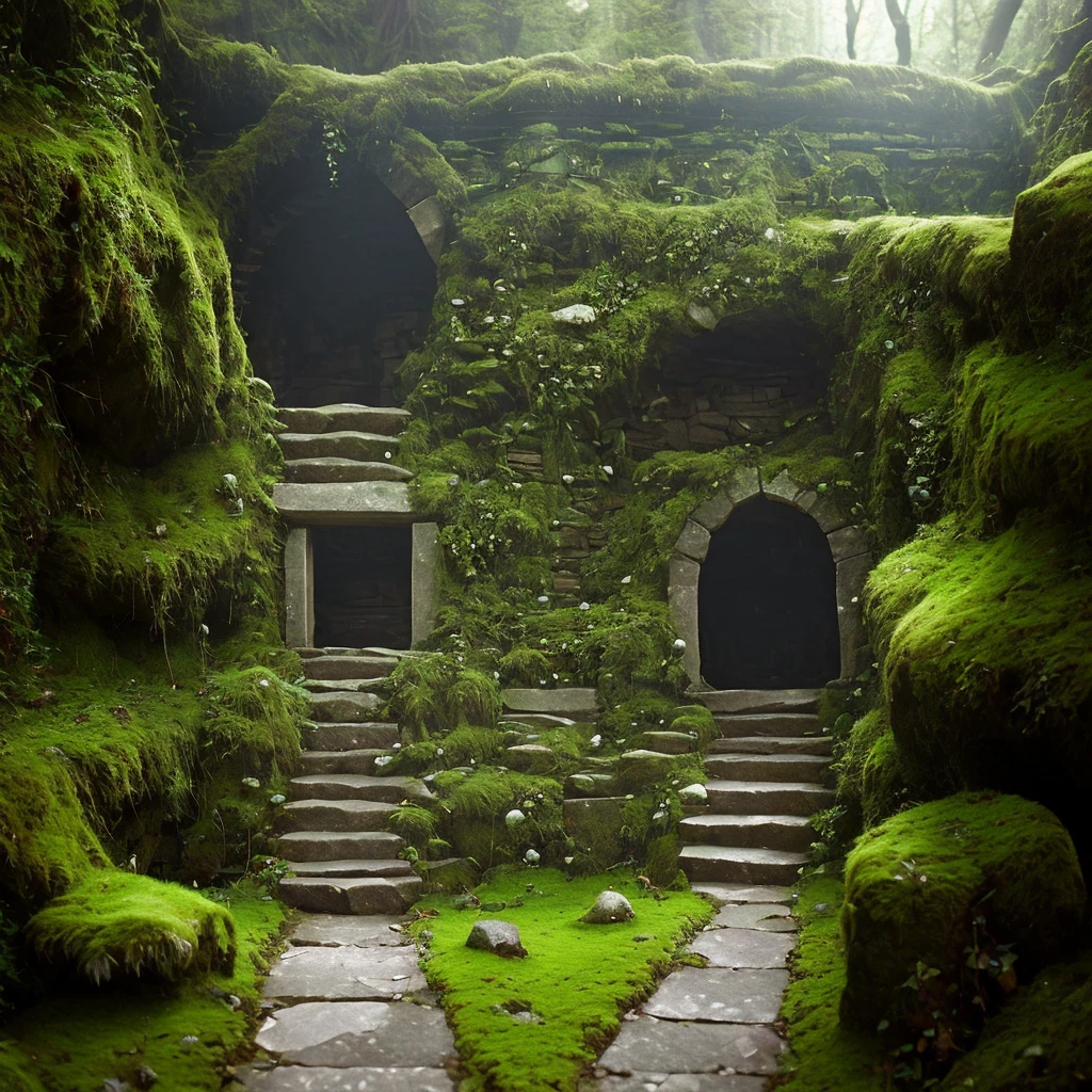 Old low stone tomb, broken, Labyrinth, abandoned, lost ruins, rotten door damaged, stone path, natural light, exterior, fantasy, dungeons and dragons, no outdoors, nobody, covered in moss, separate bunker