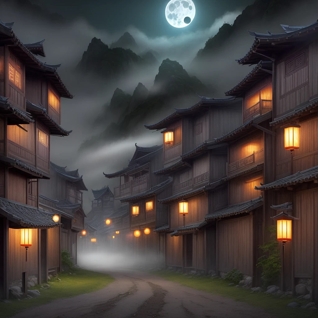 The village at night under the full moon adopts photo realism technology, Chinese punk, mist, close-up, photography, vivid