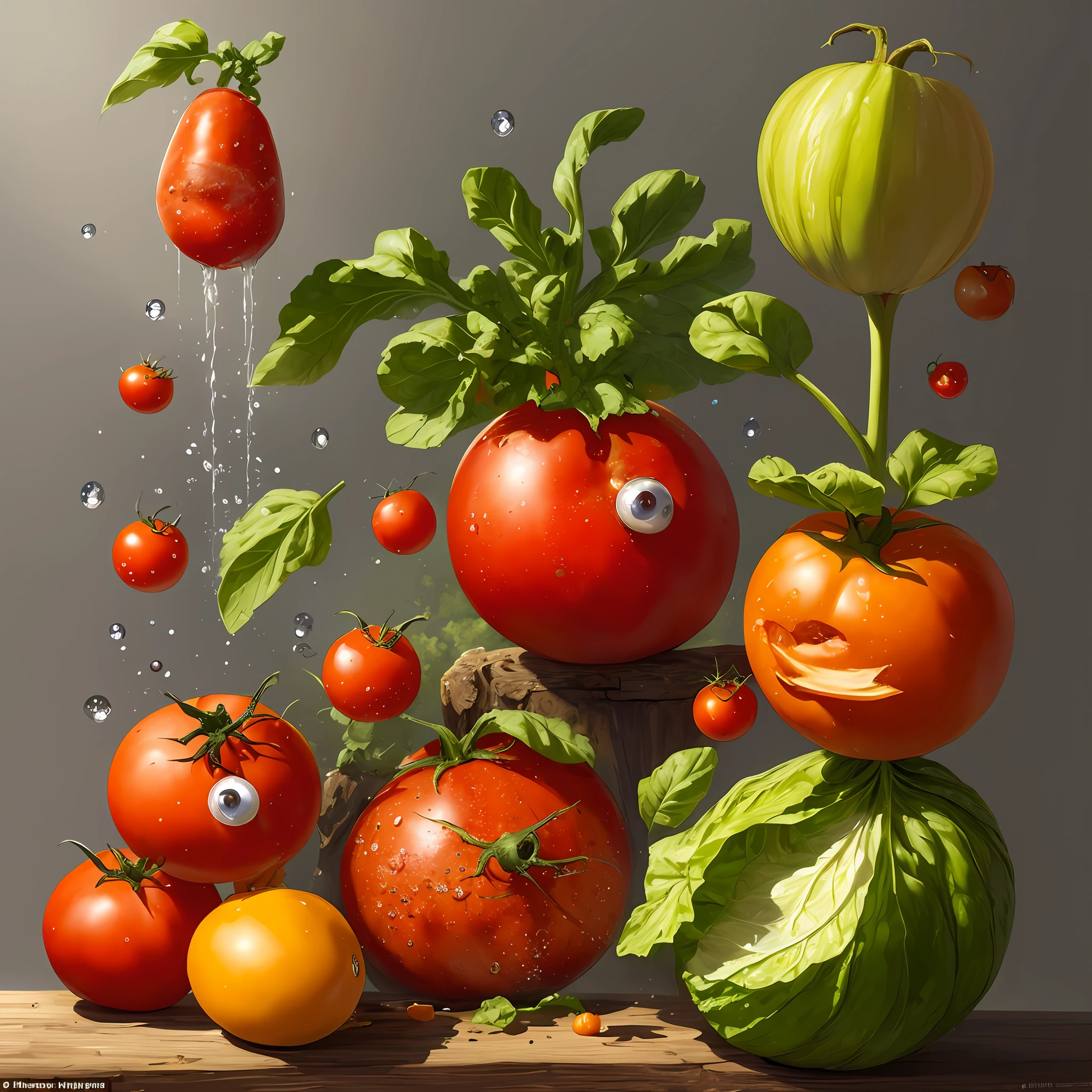 ((masterpiece:1.3,concept art,best quality)),menacing anthropomorphic tomato vegetable on rampage,juicy squeeze,angry lettuce,bad attitude,looking at the viewer,big evil grin,squash,chopping block,droplets,macro photo,sunlight,(fantasy art:1.2),dynamic composition,dramatic lighting,epic realistic,award winning illustration.