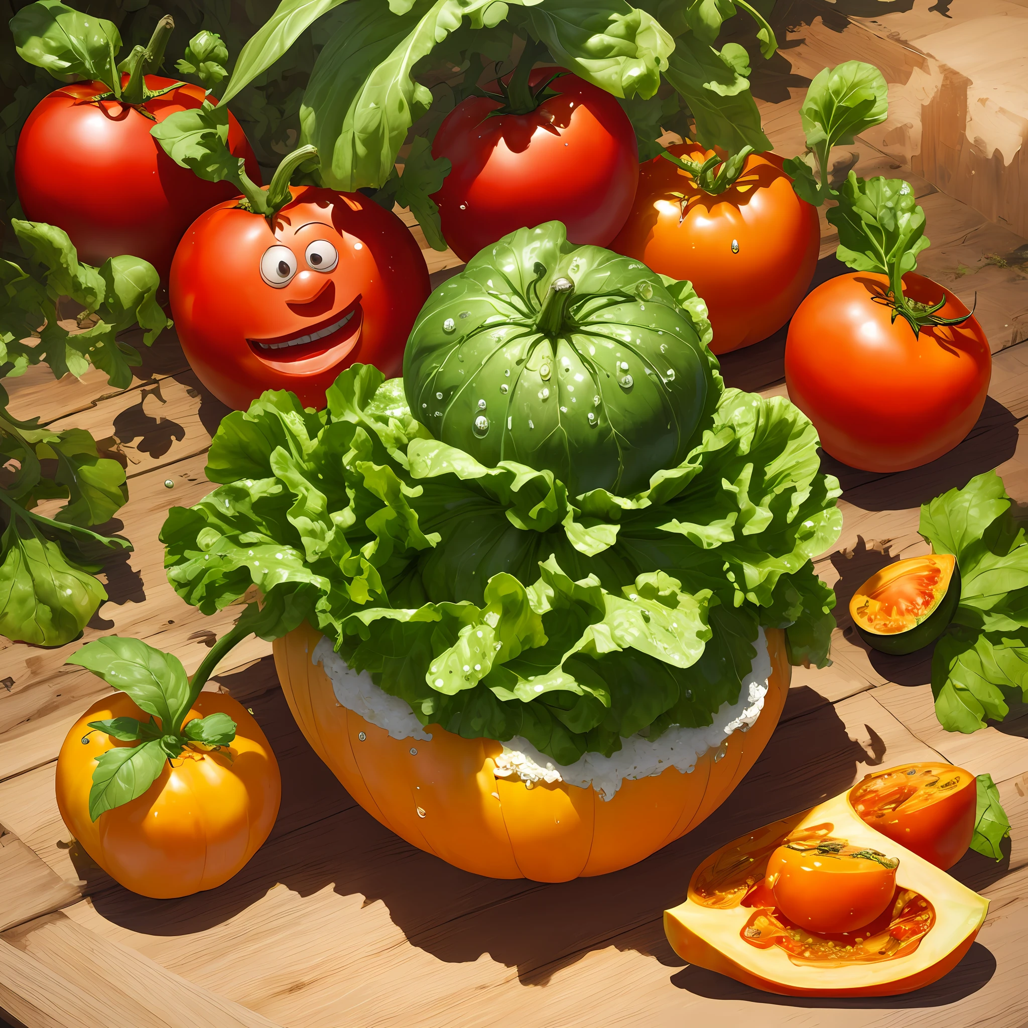 ((masterpiece:1.3,concept art,best quality)),menacing anthropomorphic tomato vegetable on rampage,juicy squeeze,angry lettuce,bad attitude,looking at the viewer,big evil grin,squash,chopping block,droplets,macro photo,sunlight,(fantasy art:1.2),dynamic composition,dramatic lighting,epic realistic,award winning illustration.