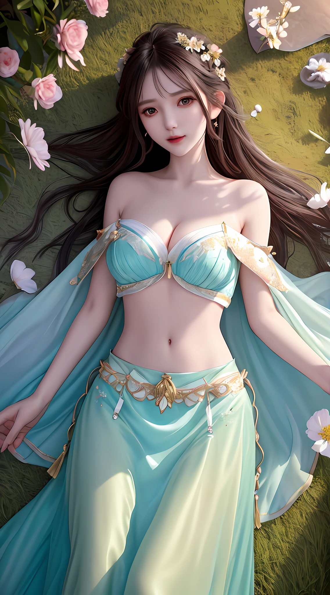 UHD, anatomically correct, textured skin, best quality, Tyndall effect, an extremely delicate and beautiful girl, age 22 years, charming and delicate face, lively beautiful eyes, slender figure, lying on a flower field, backlit at dusk, water-colored eyes, long skirt, messy hair, art books, city views, fantasy, bare belly button, bare shoulders