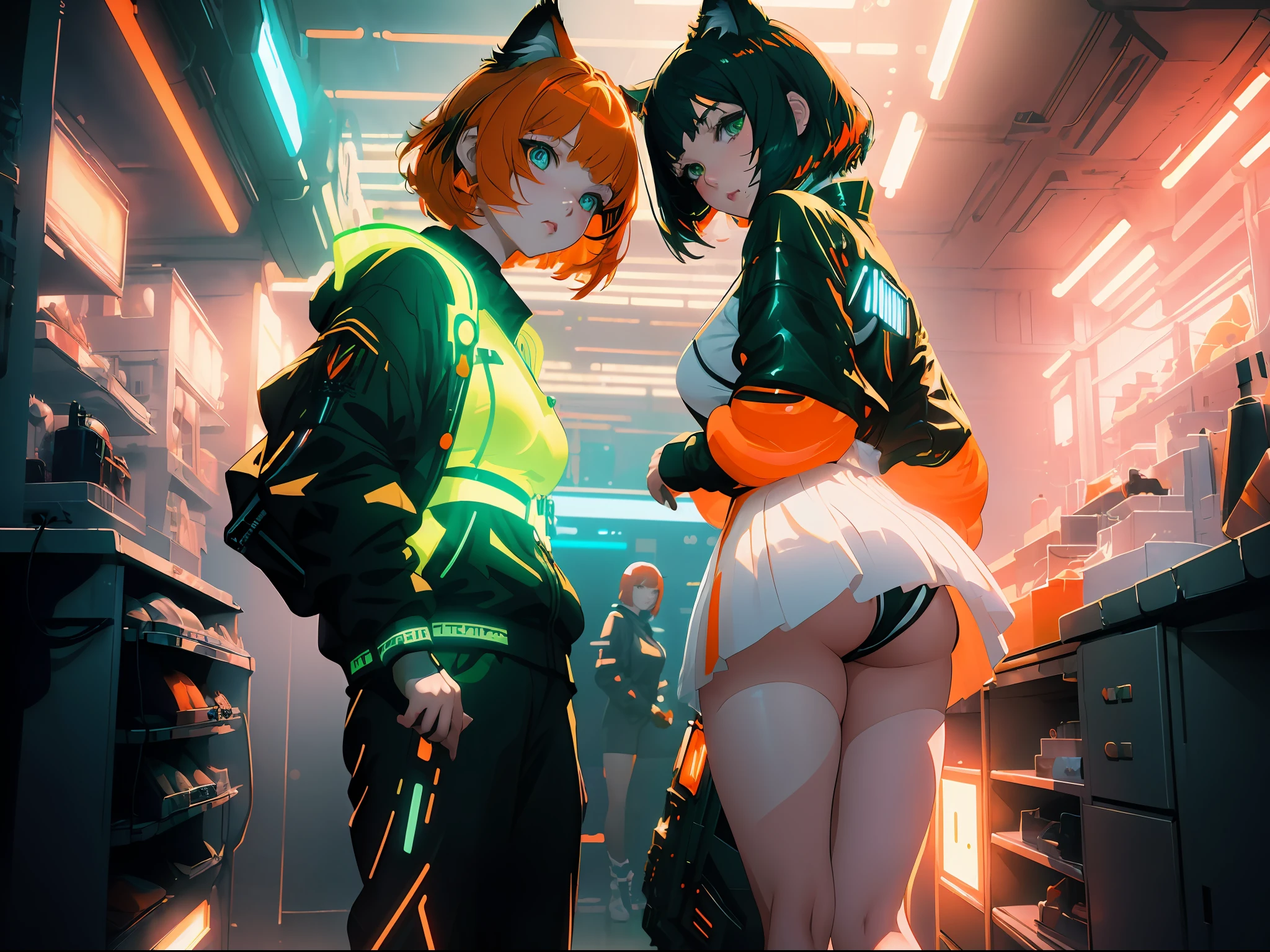 (((masterpiece))), full body frame, one beautiful girl with bob cut pale skin, angry, (short orange hair), (cat ear), (green eyes), (orange tail), model shoot style, a gorgeous a girl, freckles, dynamic hair, perfect body, small breast, highly detailed, more details, ((cyberpunk)) , ((neon light)), cinematic atmosphere, fog, precise correct anatomy, epic scene, artstation, ilya kuvshinov, zeronis, wlop, mignon, triadic colors, volumetric lighting , indirect light, dynamic lighting, two side light source, post-processing, global illumination, detailed and intricate environment, modelshoot style, 8K UHD, concept art, octane render, comic style