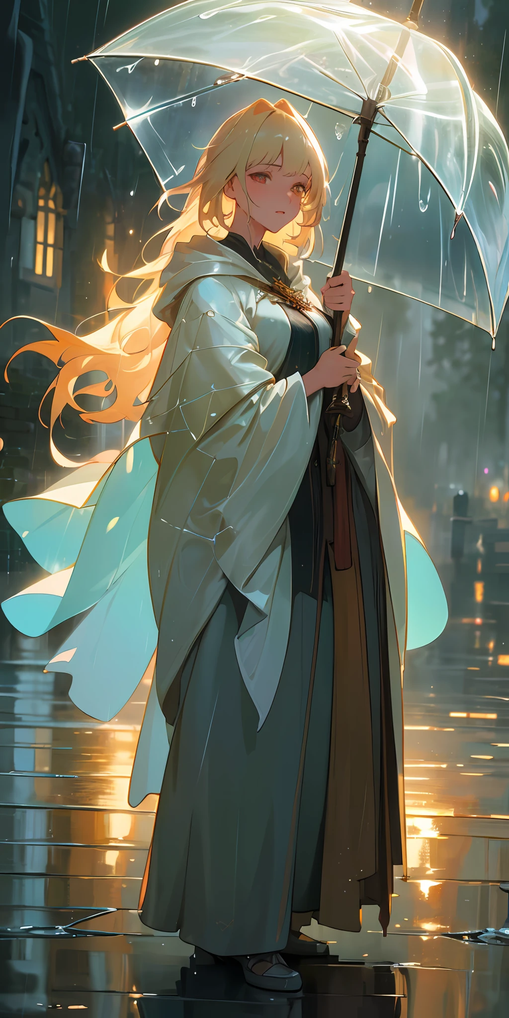 (extremely detailed CG unity 8k wallpaper), a beautiful young woman in the rain, wet, wearing cloak, medieval streets, Style-Glass, Style-Autumn, full_body_shot, soft lighting, backlit, bright lighting, light rays, volumetric lighting, detailed face, highly detailed, painting