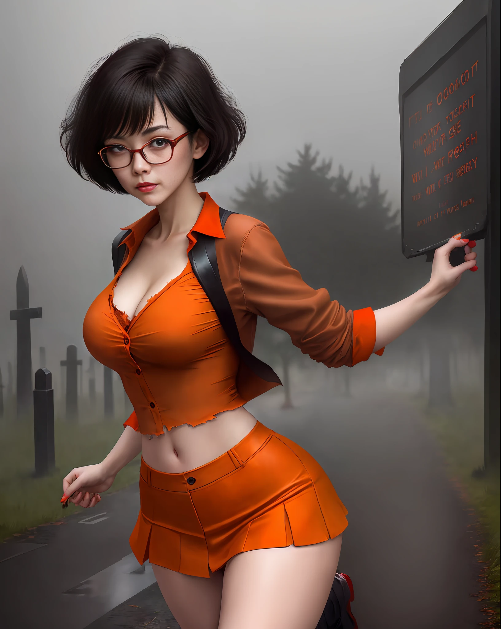Perverted face girl, Velma from Scooby Doo anime, western facial features, short black hair, short orange orange blouse (crepe), very sensual, very sensual red high school mini skirt, running from a show, large , torn clothes, submissive look, perverted smile, glasses, short black glove, cemetery, fog, dark, 3 am, cloudy night,  Horror weather, dawn, crosses, suspense, (masterpiece, blurred background, natural lighting, depth of field, ultra detailed and realistic photography, 100mm lens), film scene style