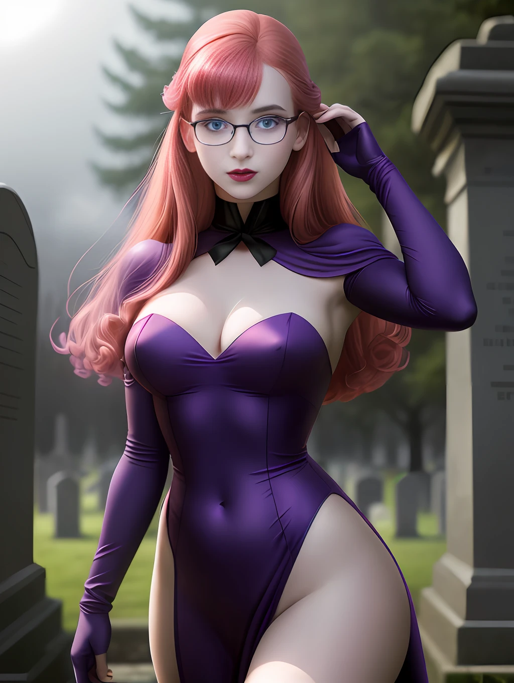 Patrician girl, Daphne Blake from the Scooby Doo anime, western facial features, blue eyes, pink lipstick, natural red hair fulfilled, pink ribbon in the hair, purple dress (crepe), slender and elegant, very sensual, posing for photo, large breasts, innocent look, cute, glasses, short purple glove, cemetery, fog, dark, 3 am, cloudy night, climate of terror, dawn, crosses, suspense, (masterpiece, blurred background, natural lighting, depth of field, ultra detailed and realistic photography, 100mm lens), portrait style