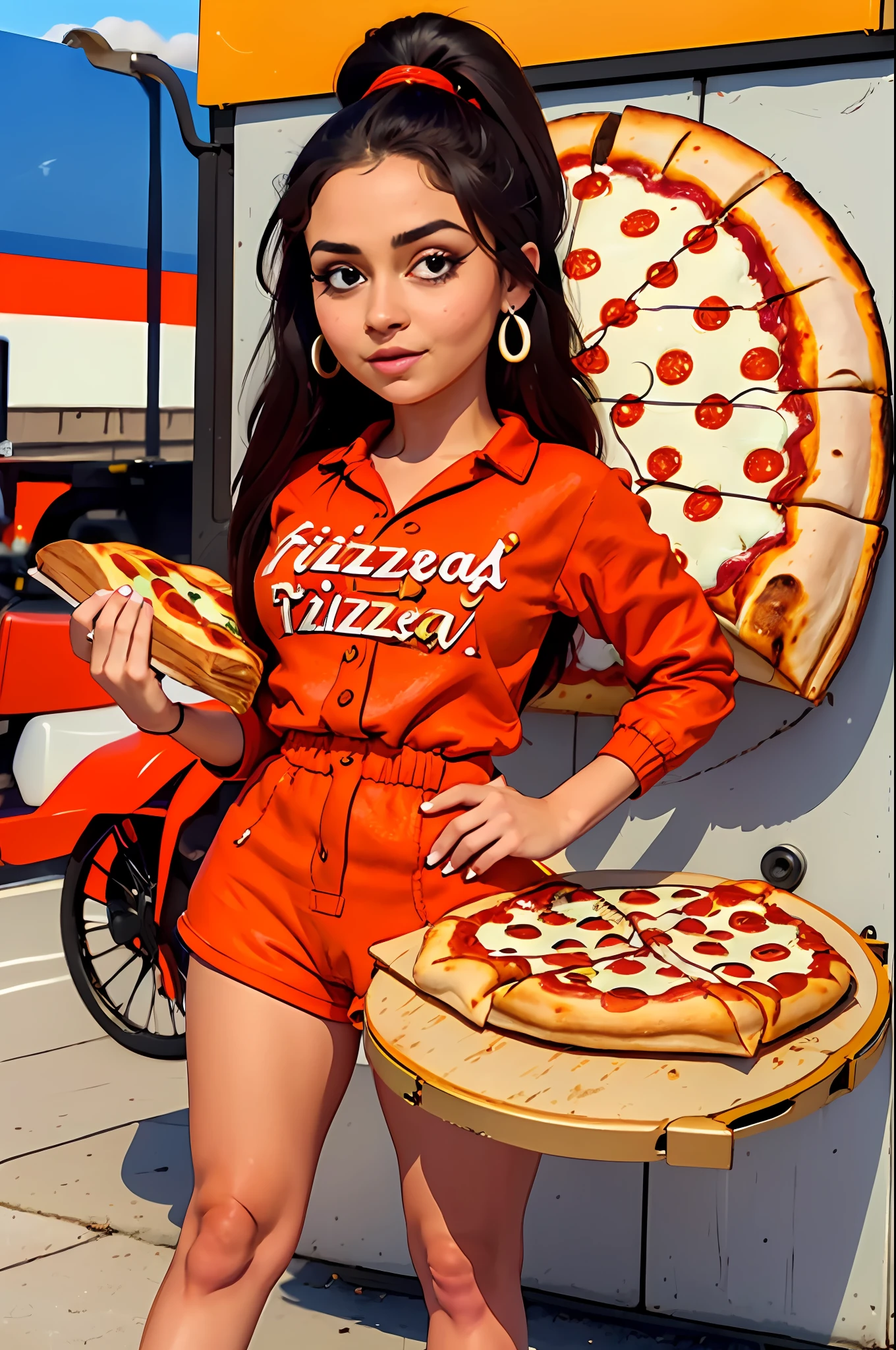 (masterpiece), (best quality), HDR, intricate detail, 1girl, individual focus, woman, light brunette white skin, skindentation, perfect face, gorgeous face, big eyes, orange eyes, perfect eyes, eyelashes, black hair absurdly long high ponytail, (((pizza delivery))), pizza box, employee badge, orange shirt with light blue, (((pizza delivery outfit)), hair ornament, Earrings